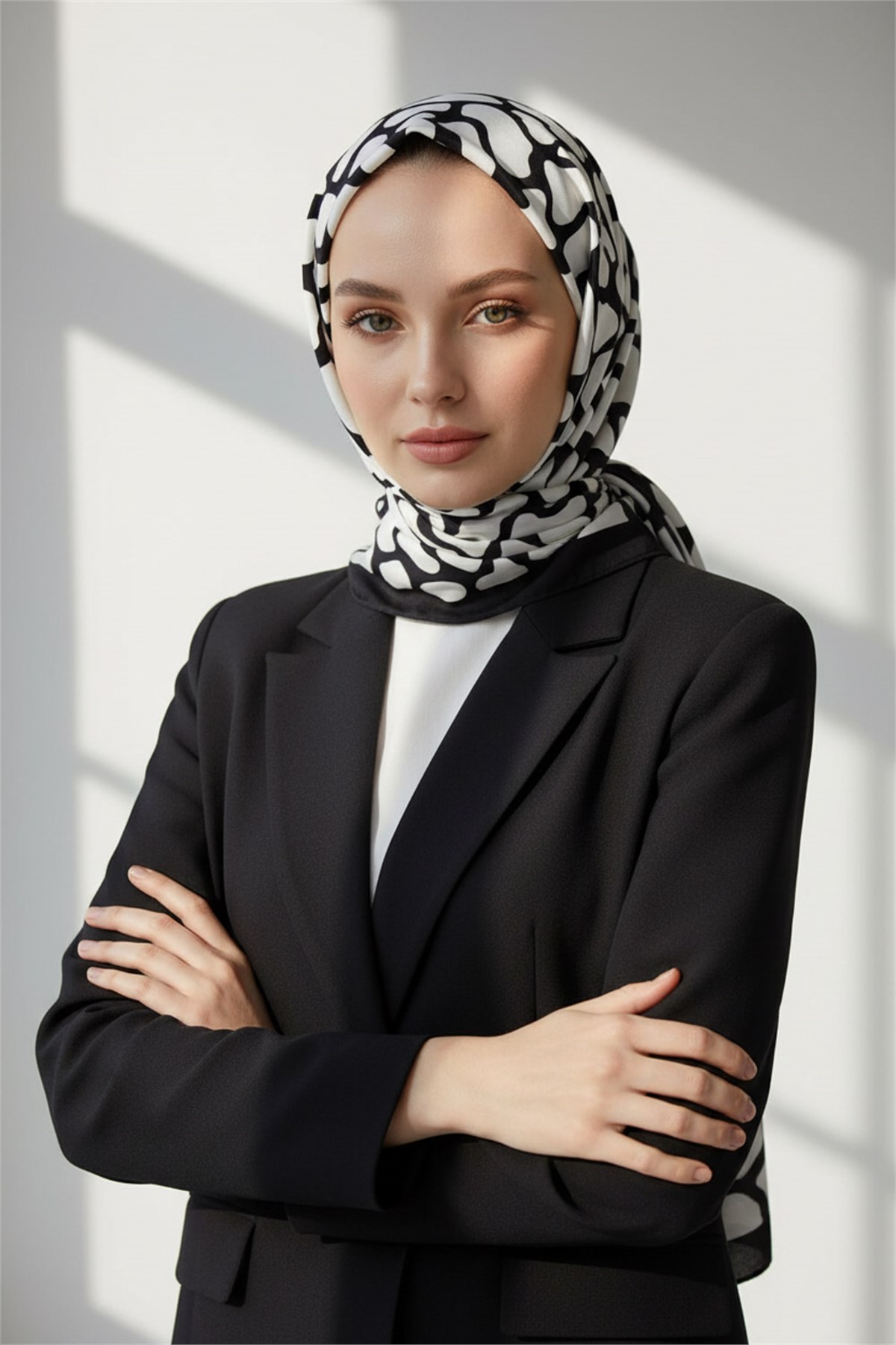 KREP GEOMETRİK DESENLİ SİYAH - BEYAZ RENKLİ 75X195 KIRIŞMAZ ŞAL