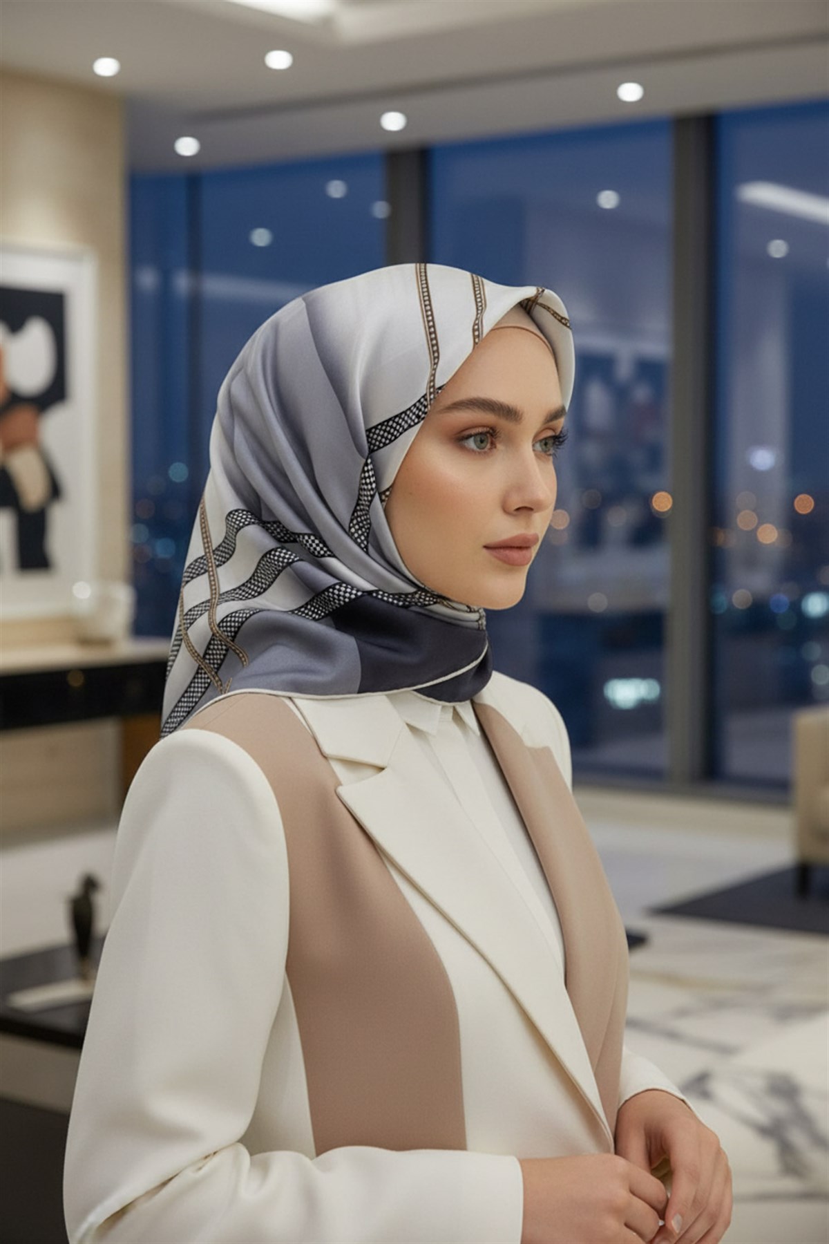 %100 Twill İpek Geometrik Desenli Gri - Bej Renkli Renkli 90x90 Eşarp Dikim Şekli : El Dikişi