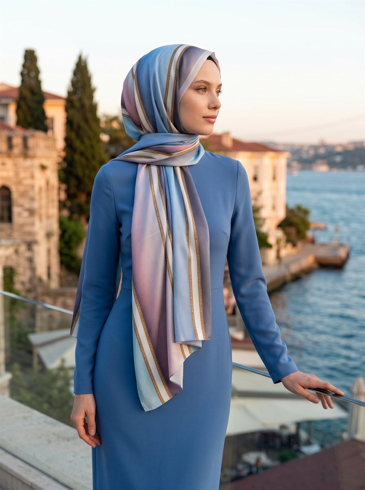 %100 Saf İpek Şal İnce Saten Vual Dokuma Şerit Desenli Bebe Mavisi - Pudra Renkli 90x210 Şal