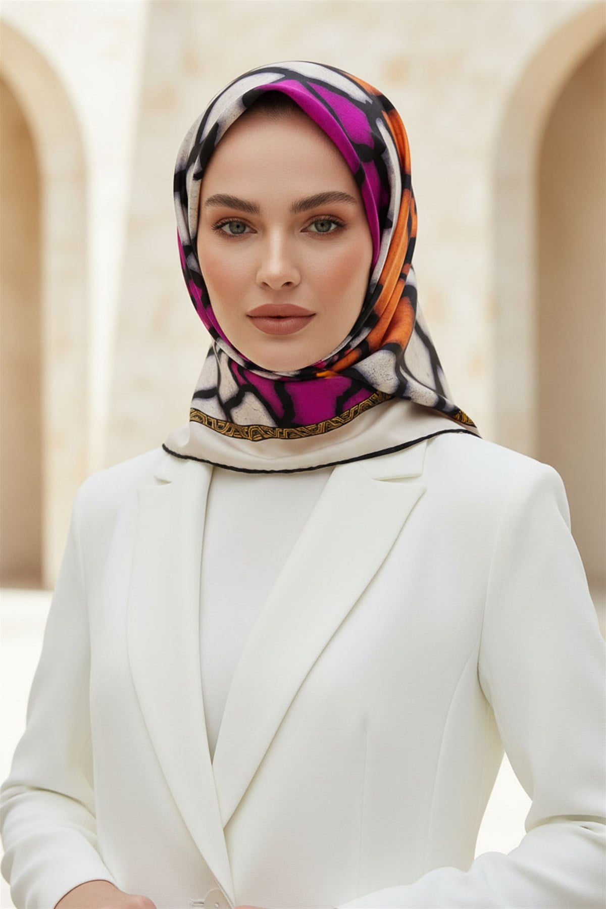 %100 Twill İpek Zürafa Desenli Fuşya - Turuncu Renkli 90x90 Eşarp Dikim Şekli : El Dikişi