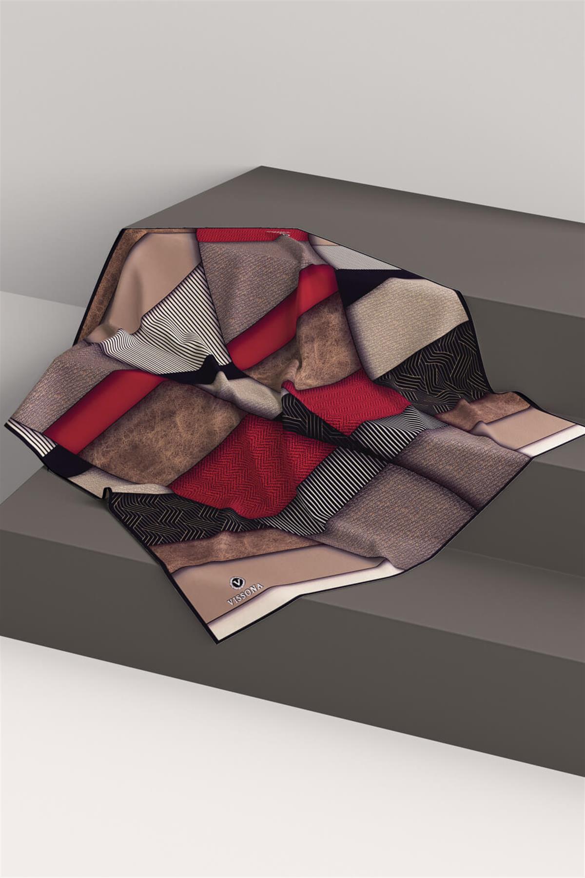 %100 Twill İpek Dokulu ve Geometrik Desenli Bordo - Bej Renkli 90x90 Eşarp Dikim Şekli : El Dikişi