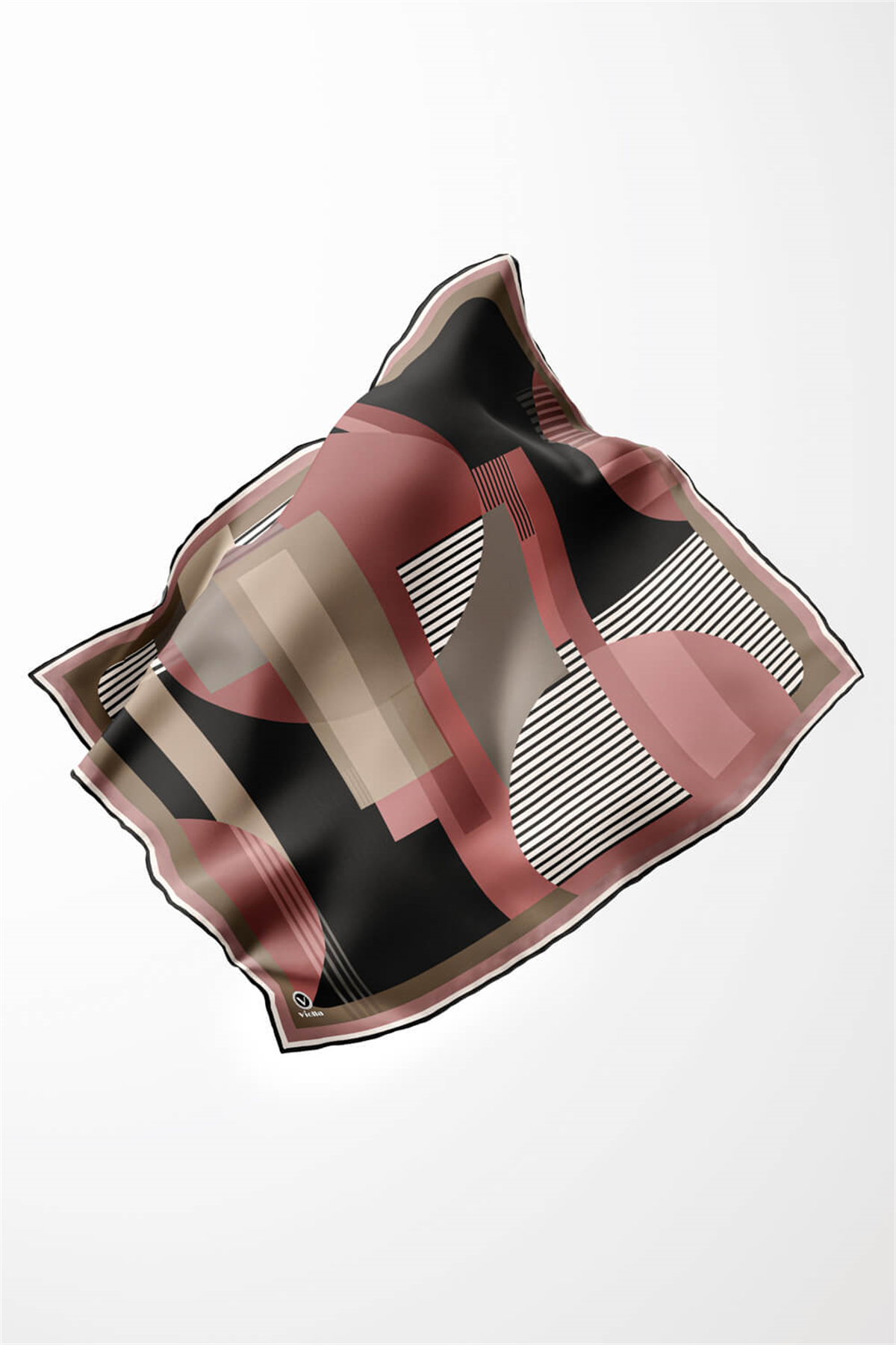Twill Çizgili Ve Geometrik Desenli Pudra Renkli 90x90 Eşarp (İpek İçermez) Kenar Dikiş Şekli El Dikişli
