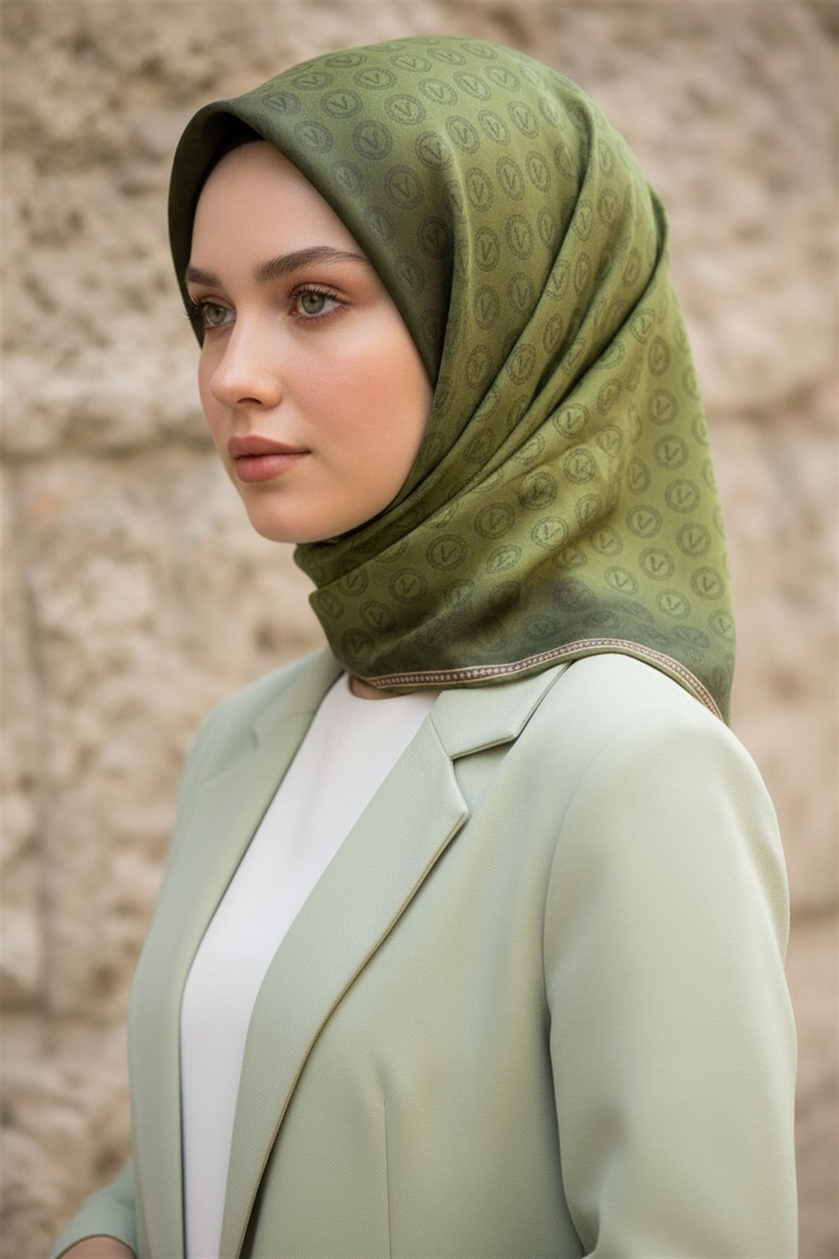 %100 Twill İpek Monogram Desenli Haki  Renkli 90x90 Eşarp Dikim Şekli : El Dikişi