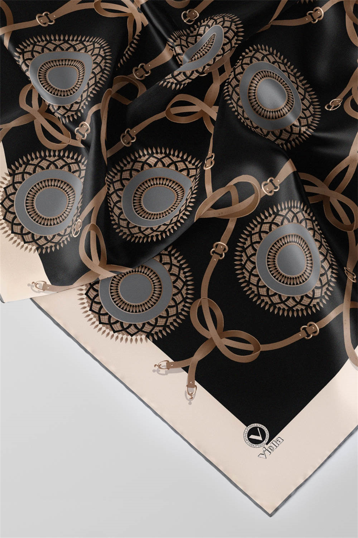 Twill Kemerli Ve Geometrik Desenli Gri Renkli 90x90 Eşarp (İpek İçermez) Kenar Dikiş Şekli El Dikişli