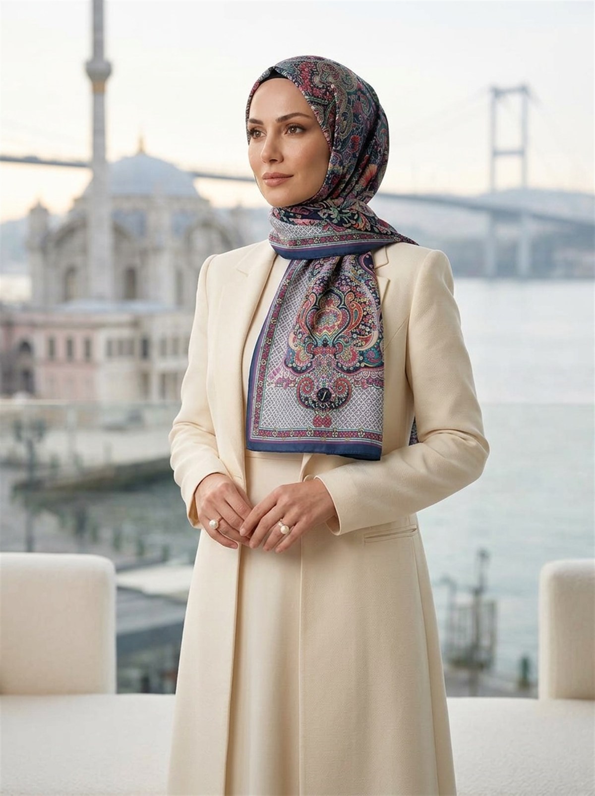 %100 İPEK ETRO DESENLİ LACİVERT - TURUNCU RENKLİ ŞAL