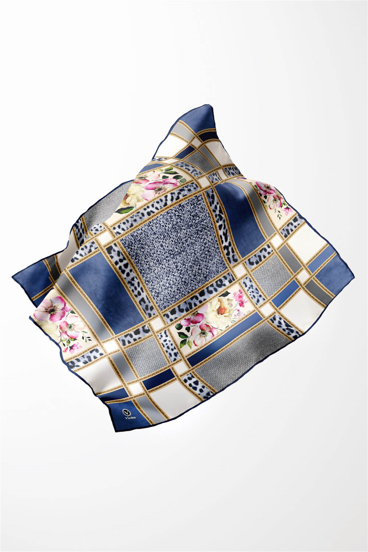 Twill Leopar ve Çiçek Desenli İndigo - Gri Renkli 90x90 Eşarp (İpek İçermez) Dikim Şekli : El Dikişi