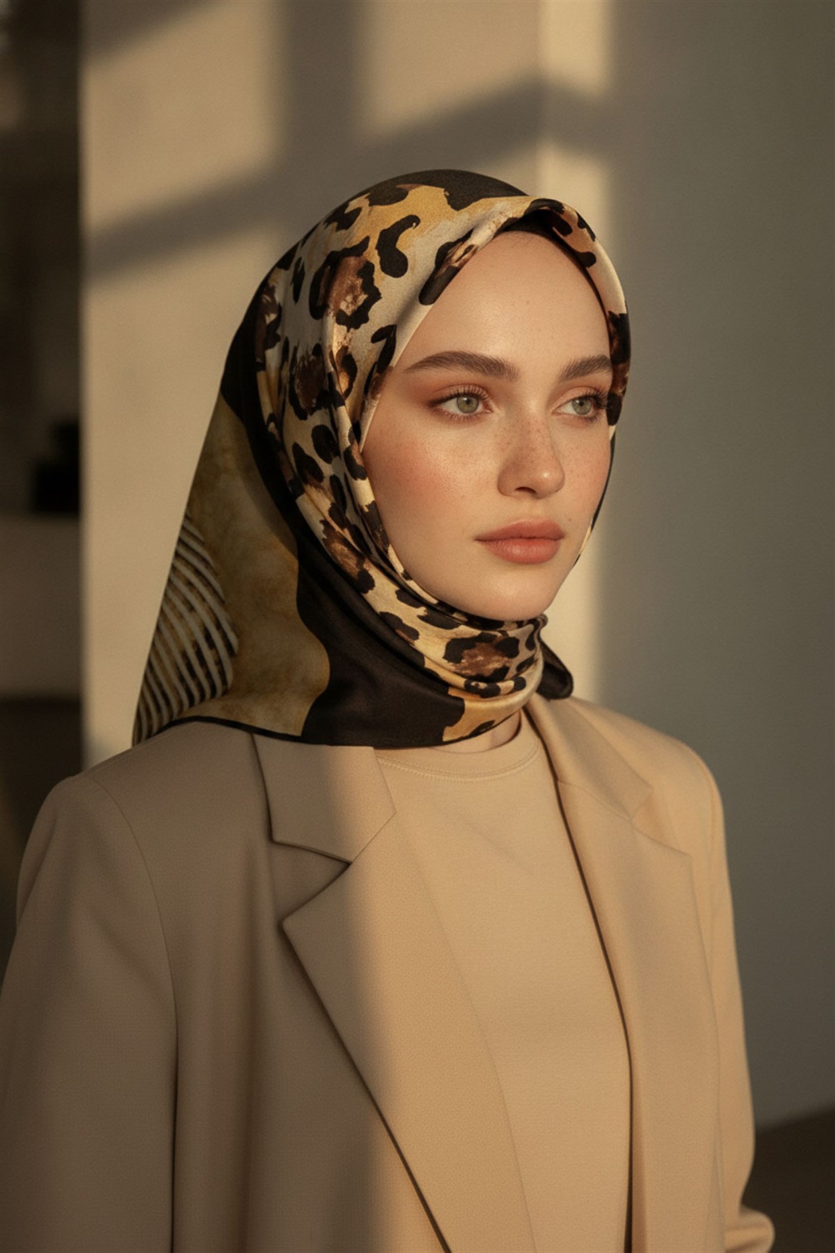 %100 Twill İpek Leopar Ve Geometrik Desenli Hardal Renkli 90x90 Eşarp Dikim Şekli : El Dikişi