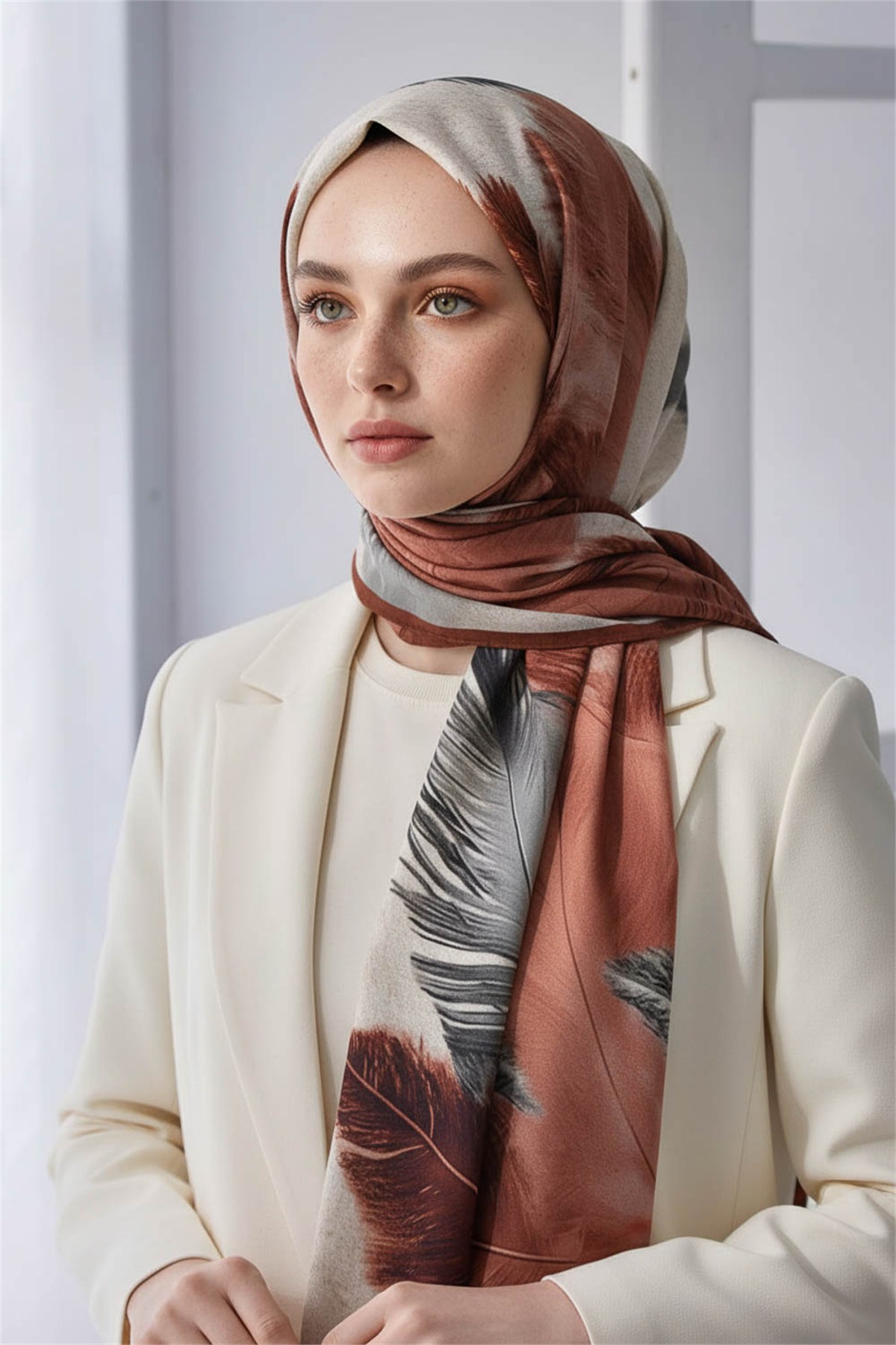 KREP YAPRAK DESENLİ GÜL KURUSU - GRİ RENKLİ 75X195 KIRIŞMAZ ŞAL