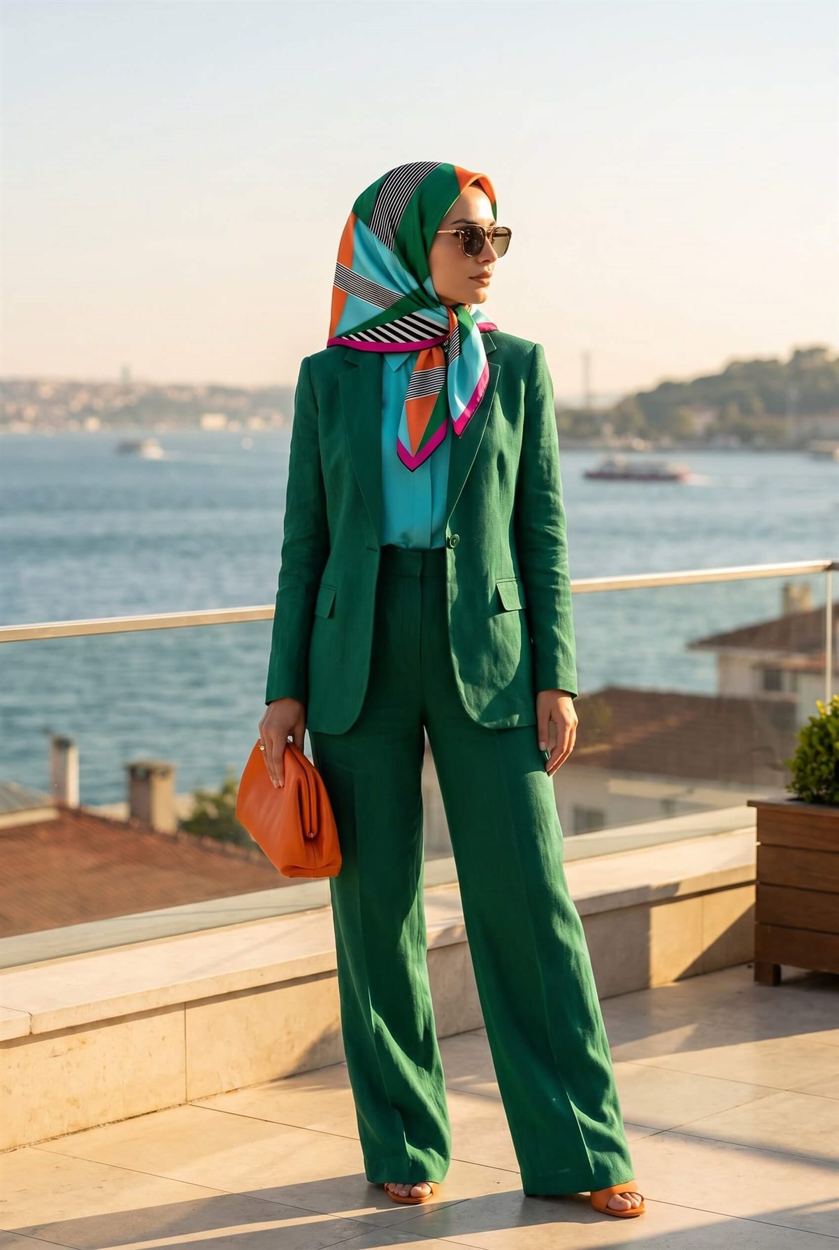%100 Twill İpek Çizgili ve Geometrik Desenli Zümrüt Yeşili - Fuşya Renkli 90x90 Eşarp Dikim Şekli : El Dikişi
