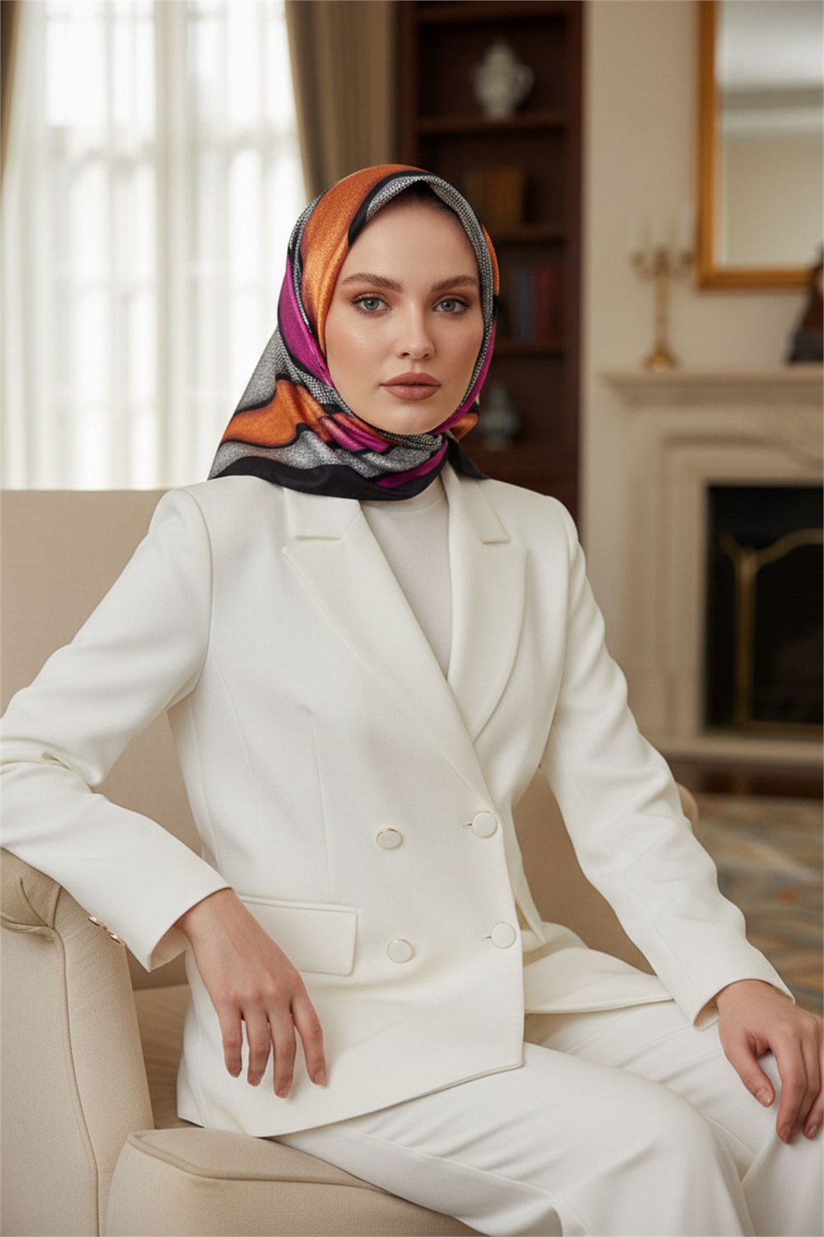 %100 Twill İpek Eşarp 90x90 Soyut Dalga Desenli El Dikişli Kadın Eşarp