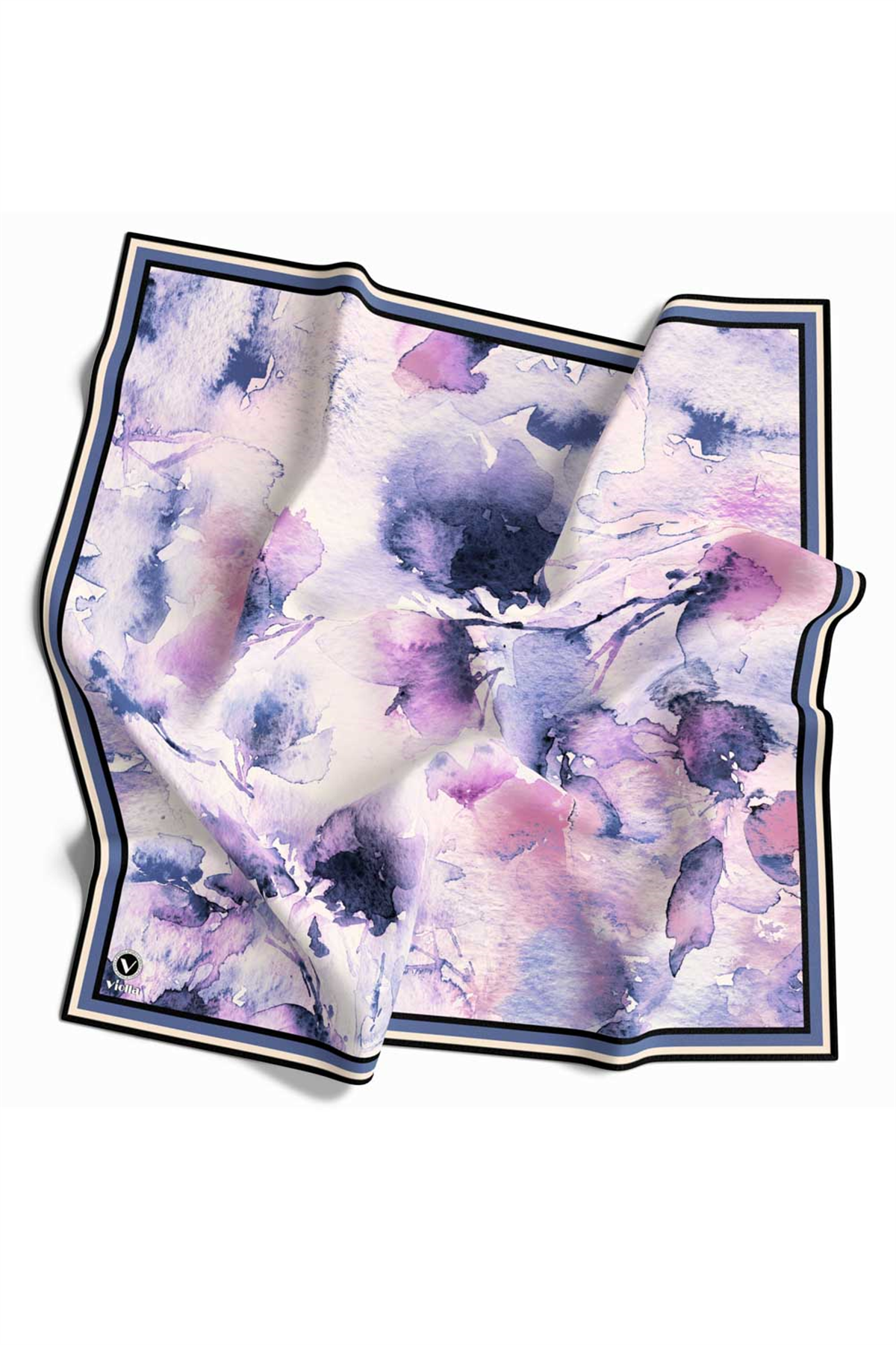 Rayon Sulu Boya Çiçek Desenli İndigo - Pembe Renkli 90x90 Dikim Şekli : El Dikişi Eşarp (İpek İçermez)