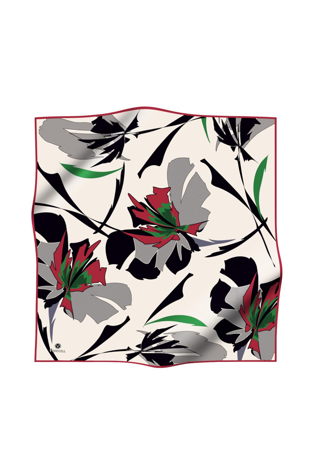 %100 Twill İpek Çiçek Desenli Krem - Bordo Renkli 90x90 Eşarp Dikim Şekli : El Dikişi