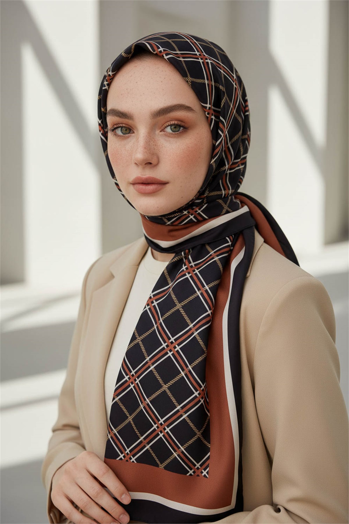 KREP EKOSE DESENLİ SİYAH - GÜL KURUSU RENKLİ 75X195 KIRIŞMAZ ŞAL