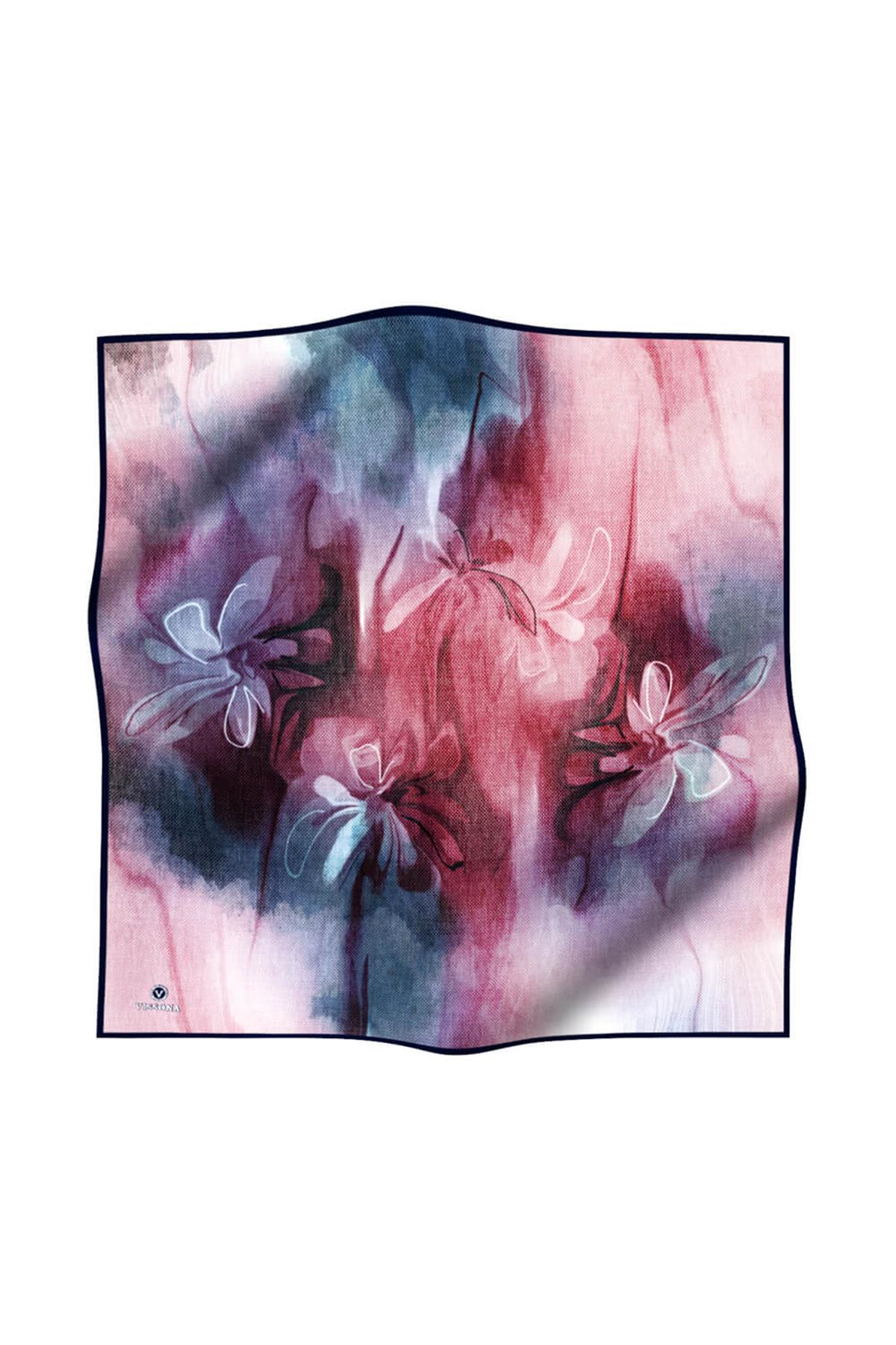 %100 Twill İpek Dokulu Ve Çiçek Desenli Gül Kurusu - İndigo Renkli 90x90 Eşarp Dikim Şekli : El Dikişi