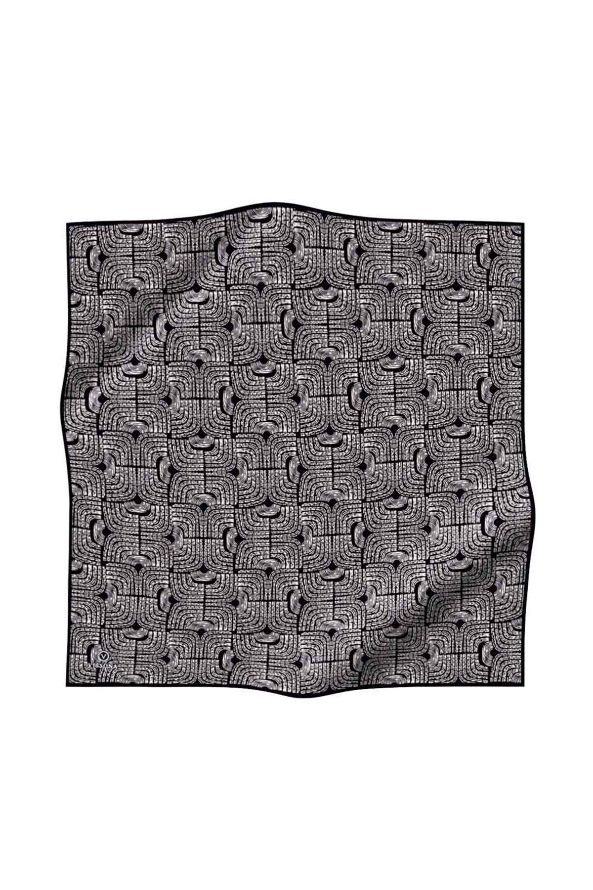 %100 Twill İpek Geometrik Desenli Beyaz - Siyah Renkli 90x90 Eşarp Dikim Şekli : El Dikişi