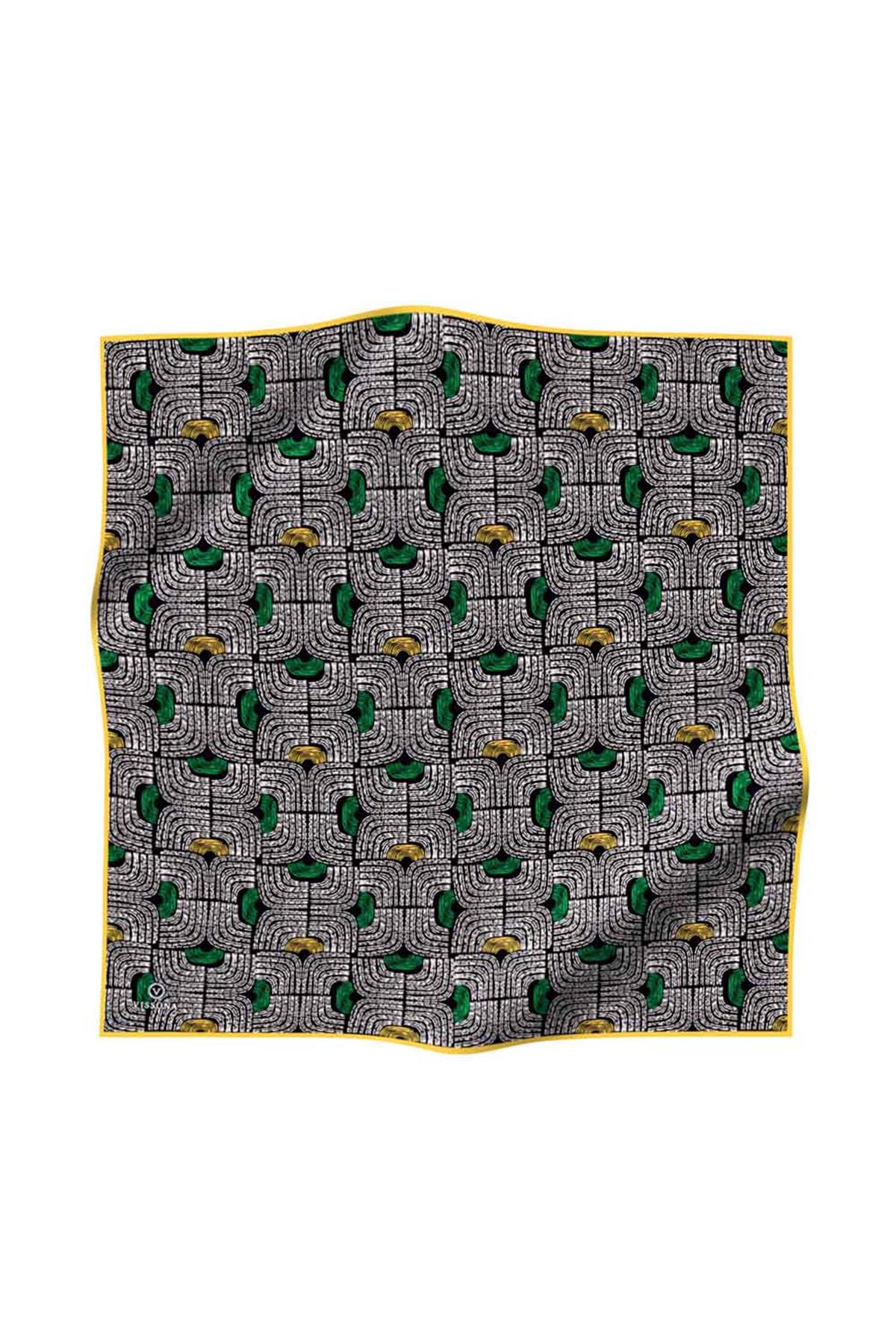 %100 Twill İpek Geometrik Desenli Sarı - Siyah Renkli 90x90 Eşarp Dikim Şekli : El Dikişi