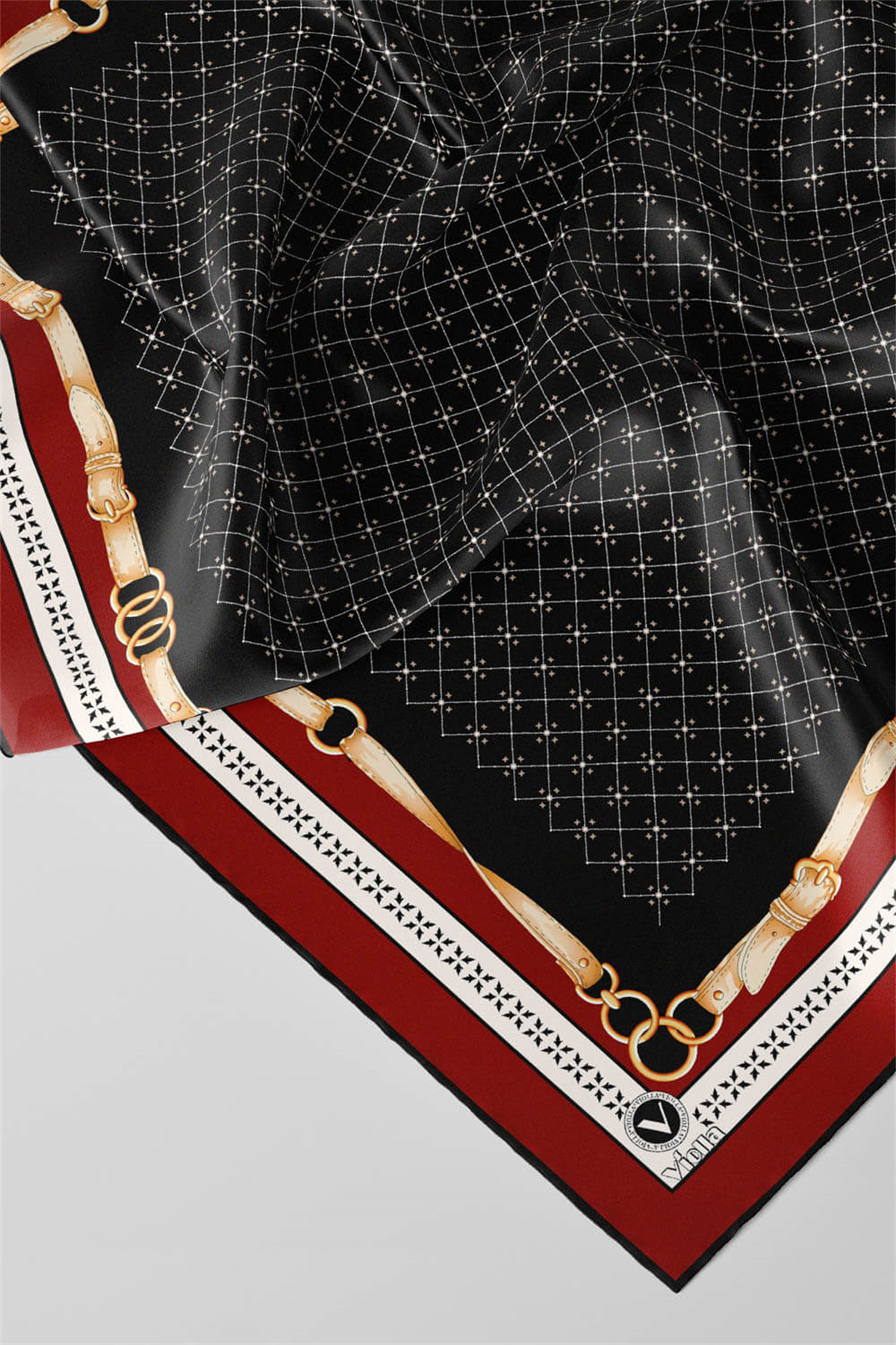 Twill Kemerli ve Çıtır Motifli Desenli Bordo Renkli 90x90 Eşarp (İpek İçermez) Dikim Şekli : El Dikişi