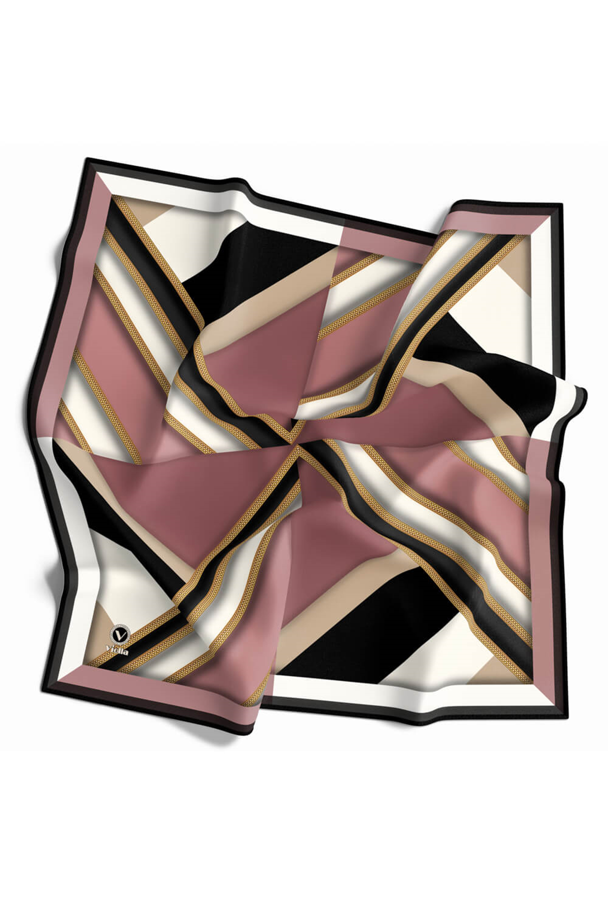 Twill Geometrik Desenli Pudra Renkli 90x90 Eşarp (İpek İçermez) Dikim Şekli : El Dikişi