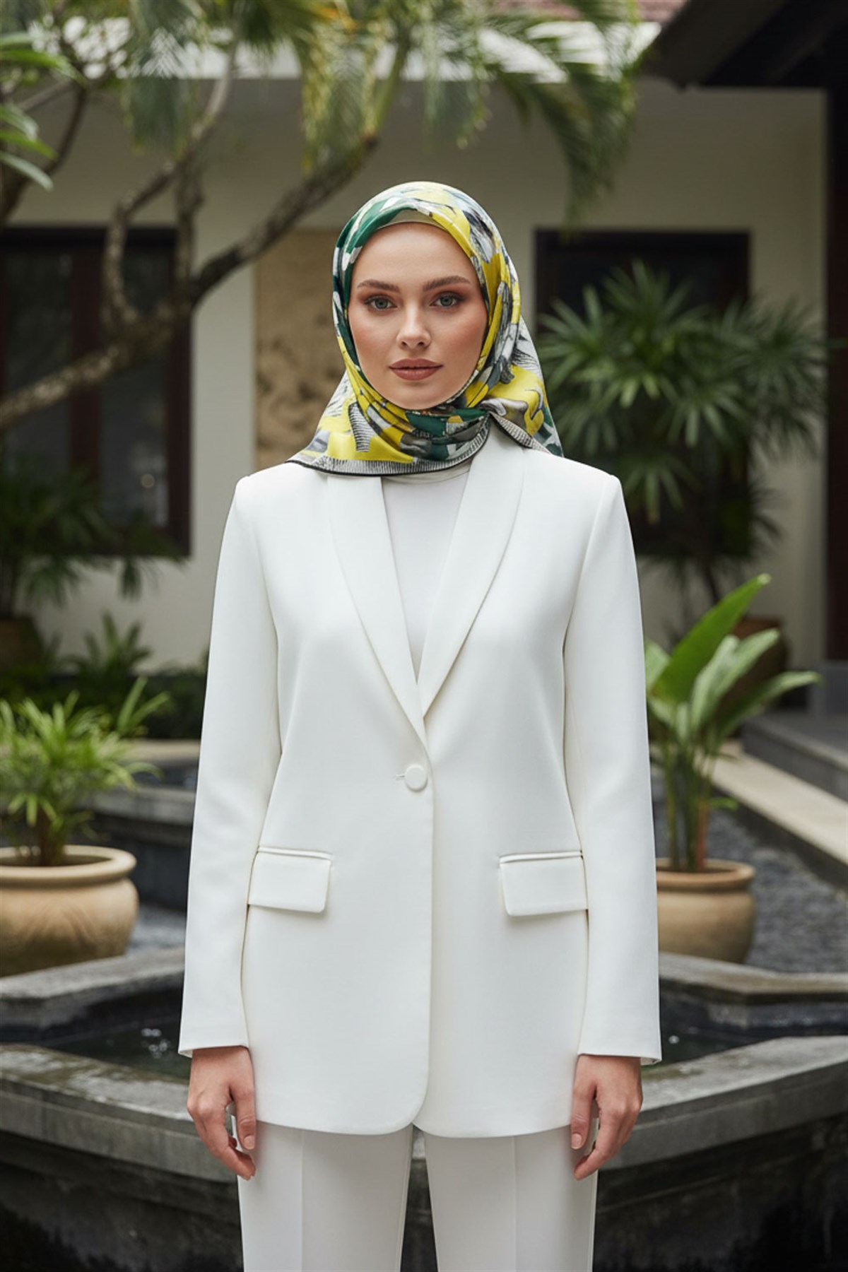 %100 Twill İpek Geometrik Desenli Sarı - Benetton Yeşili Renkli 90x90 Eşarp Dikim Şekli : El Dikişi