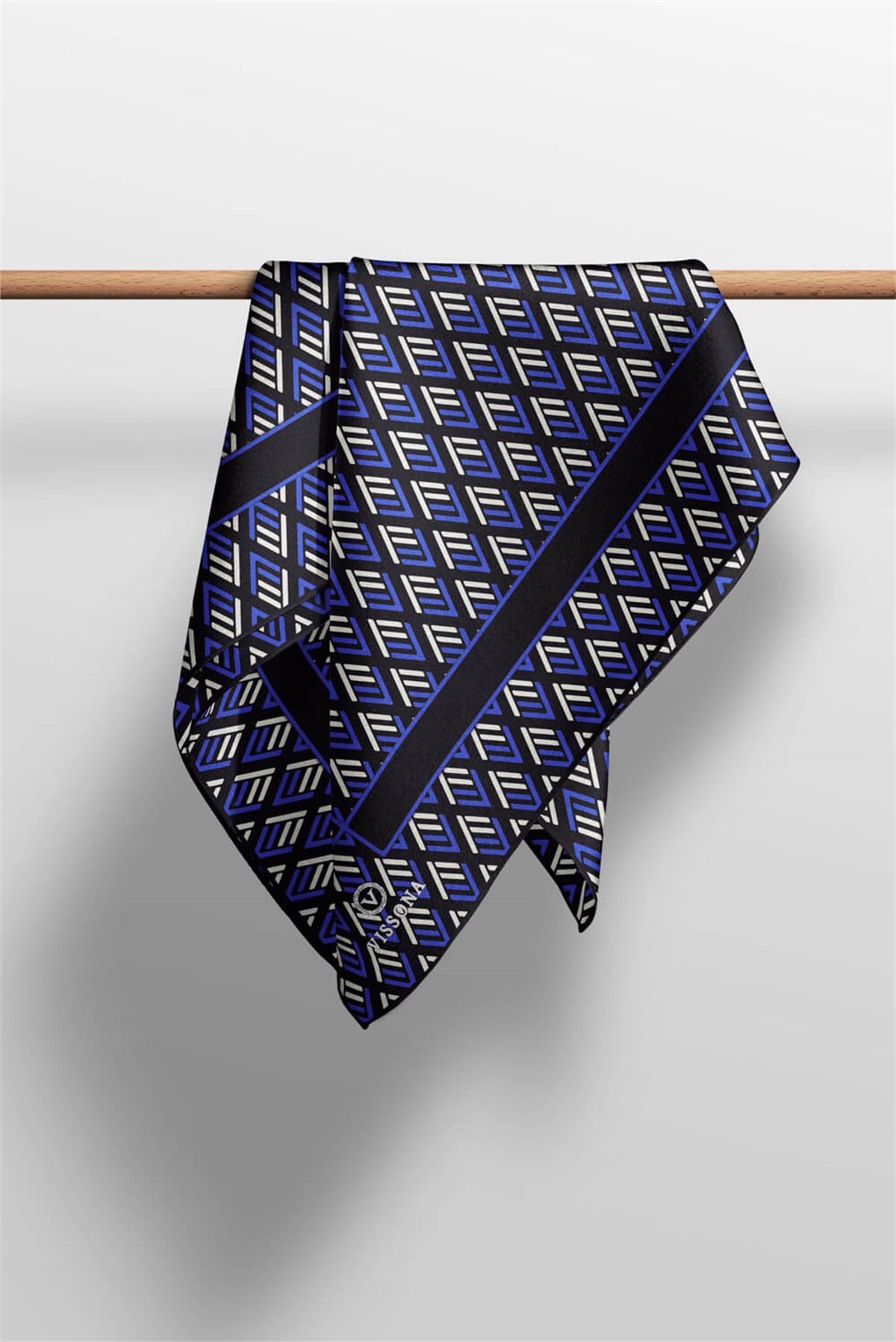 % 57 İPEK % 43 VİSKON Twill İpek Geometrik Desenli Siyah - Saks Renkli 90x90 Eşarp Dikim Şekli : El Dikişi