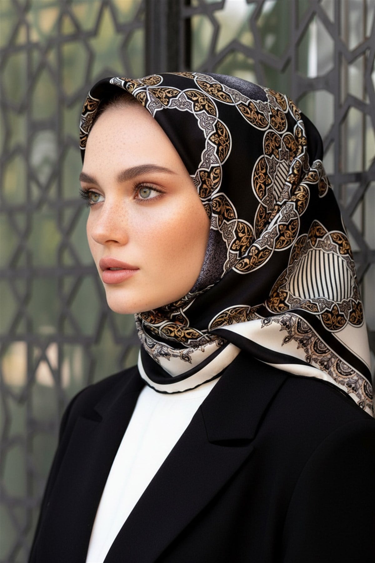 %100 Twill Türk Motifi  Desenli Siyah - Krem Renkli 90x90 Eşarp Dikim Şekli: El Dikişi