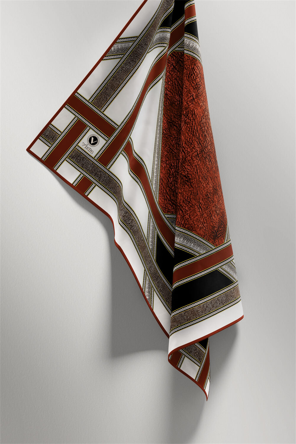 Twill Bordür Taş Desenli Taba Renkli 90x90 Eşarp (İpek İçermez) Kenar Dikiş Şekli El Dikişli