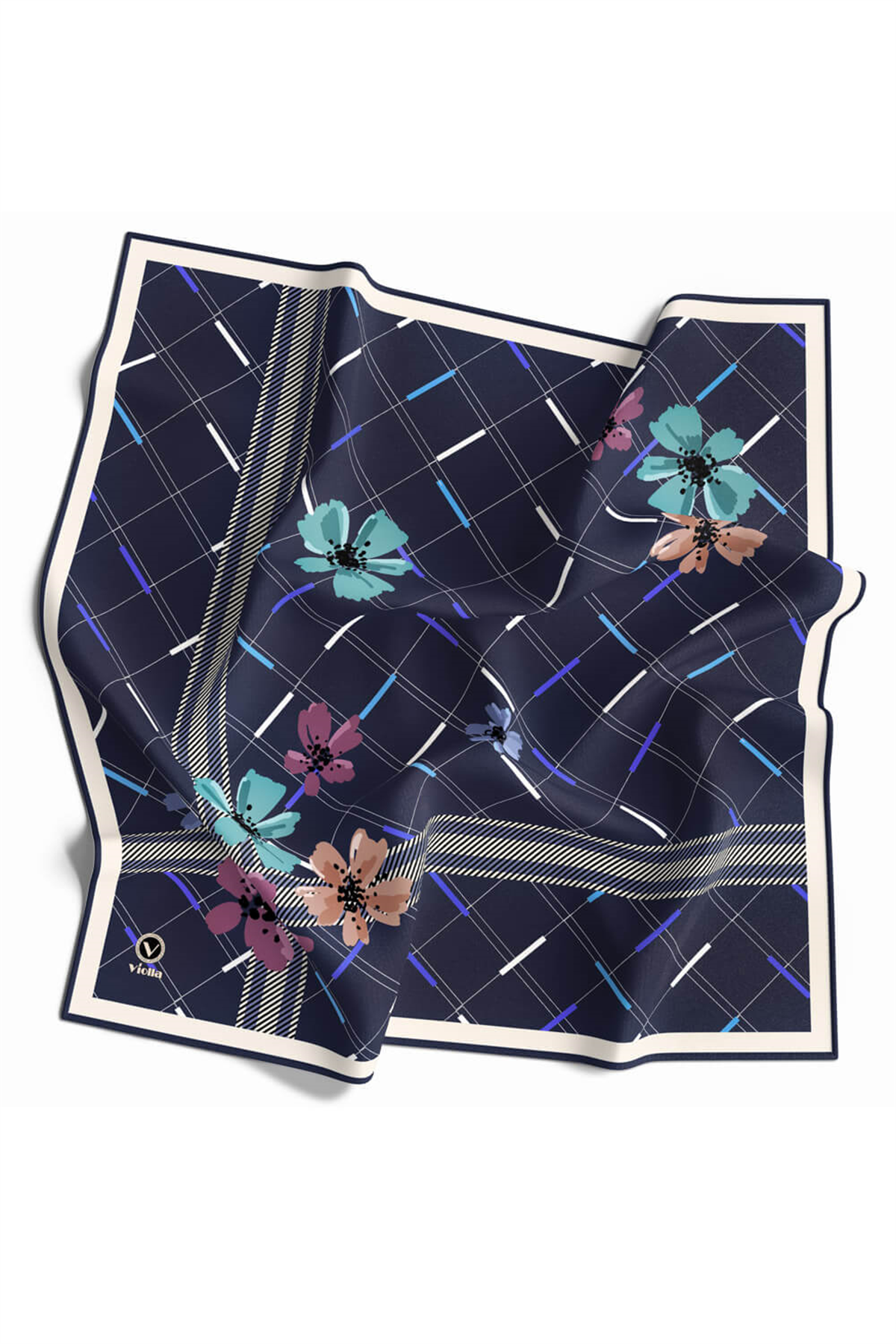 Twill Papatya Desenli İndigo Renkli 90x90 Eşarp (İpek İçermez) Kenar Dikiş Şekli El Dikişli