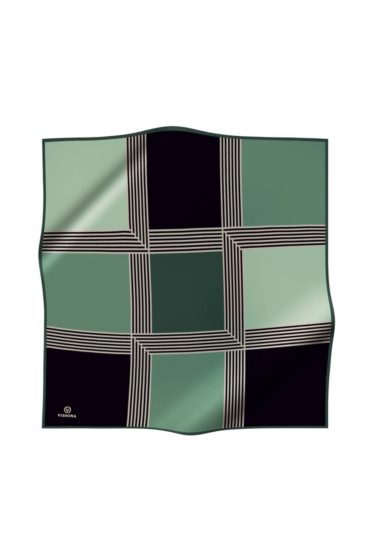 %100 Twill İpek Geometrik Desenli Petrol Yeşili Renkli 90x90 Eşarp Dikim Şekli : El Dikişi