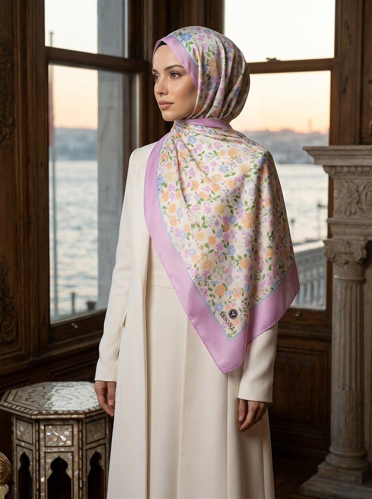 %100 İpek Çıtır Çiçek Desenli Pembe Renkli 92x210 Şal