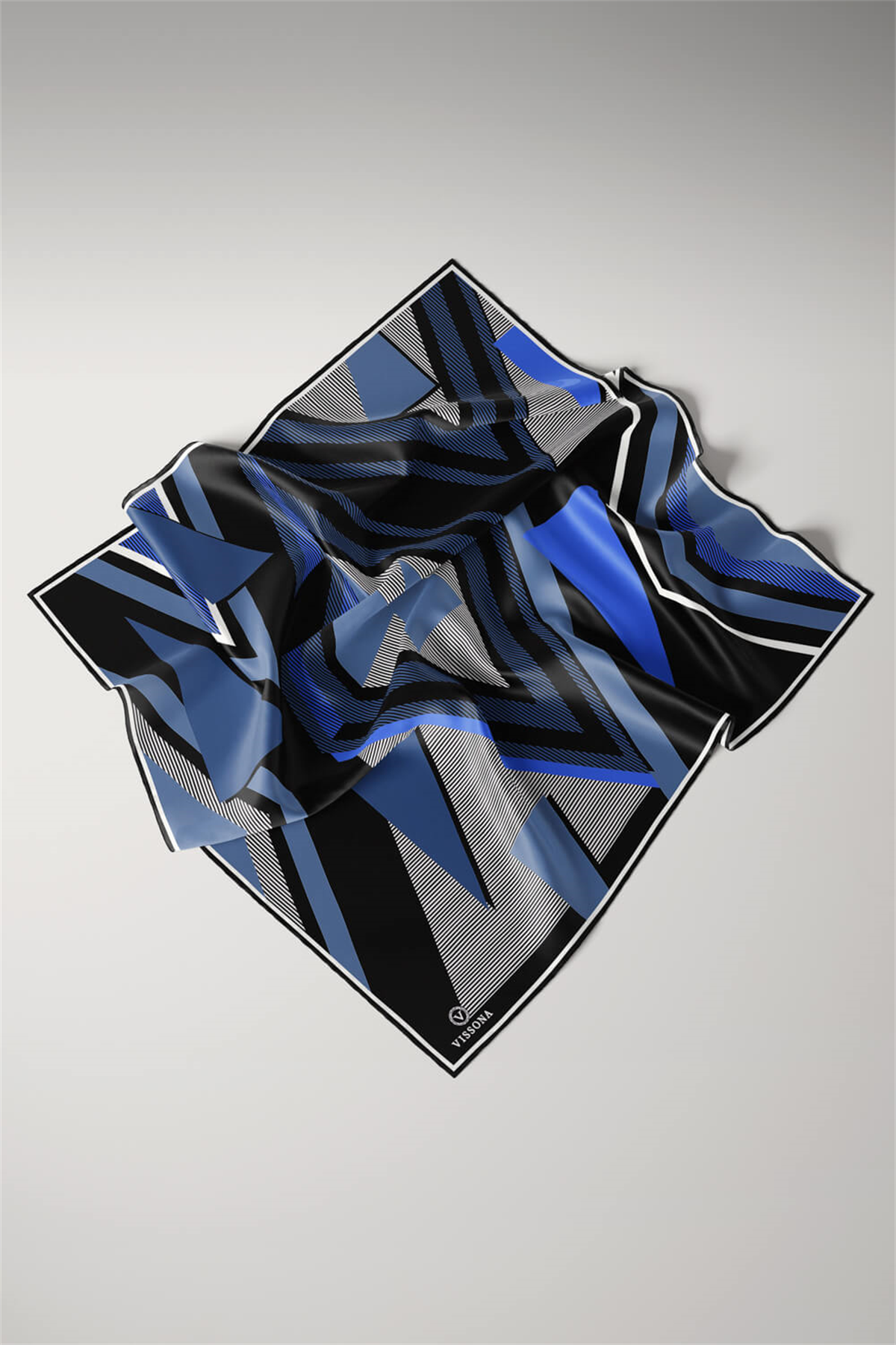 % 57 İPEK % 43 VİSKON Twill İpek Geometrik Desenli Saks - Siyah Renkli 90x90 Eşarp Dikim Şekli : El Dikişi