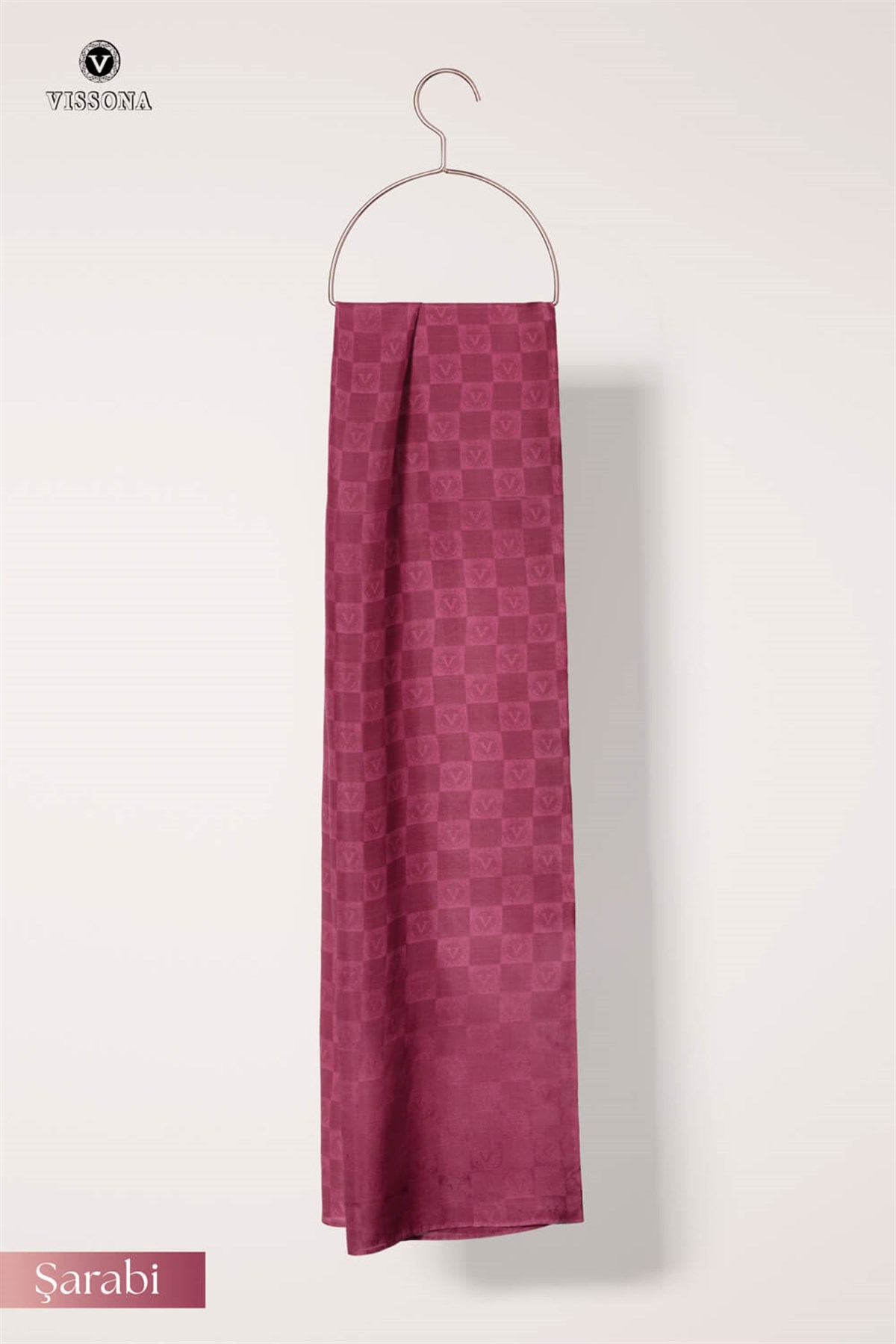 Vissona %57 İPEK %43 PAMUK Monogram Desenli Şarabi Renkli Şal -  70x190 Dikiş Tipi İtalyan Dikişli
