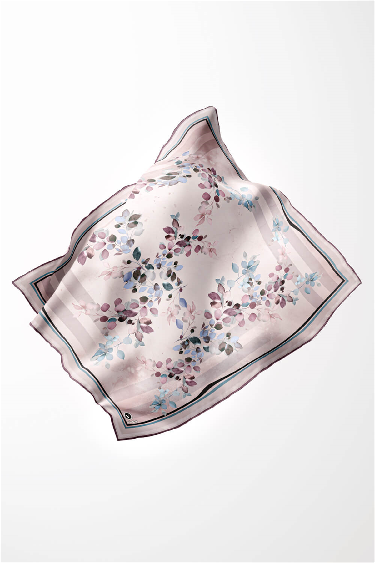 Twill Çiçek Desenli Mor Renkli 90x90 Eşarp (İpek İçermez) Kenar Dikiş Şekli El Dikişli