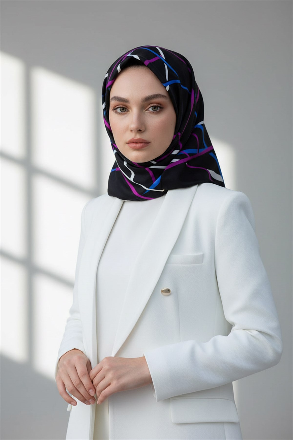 %57 İPEK %43 VİSKON Twill İpek Çizgili Desenli Saks - Fuşya Renkli 90x90 Eşarp Dikim Şekli : El Dikişi