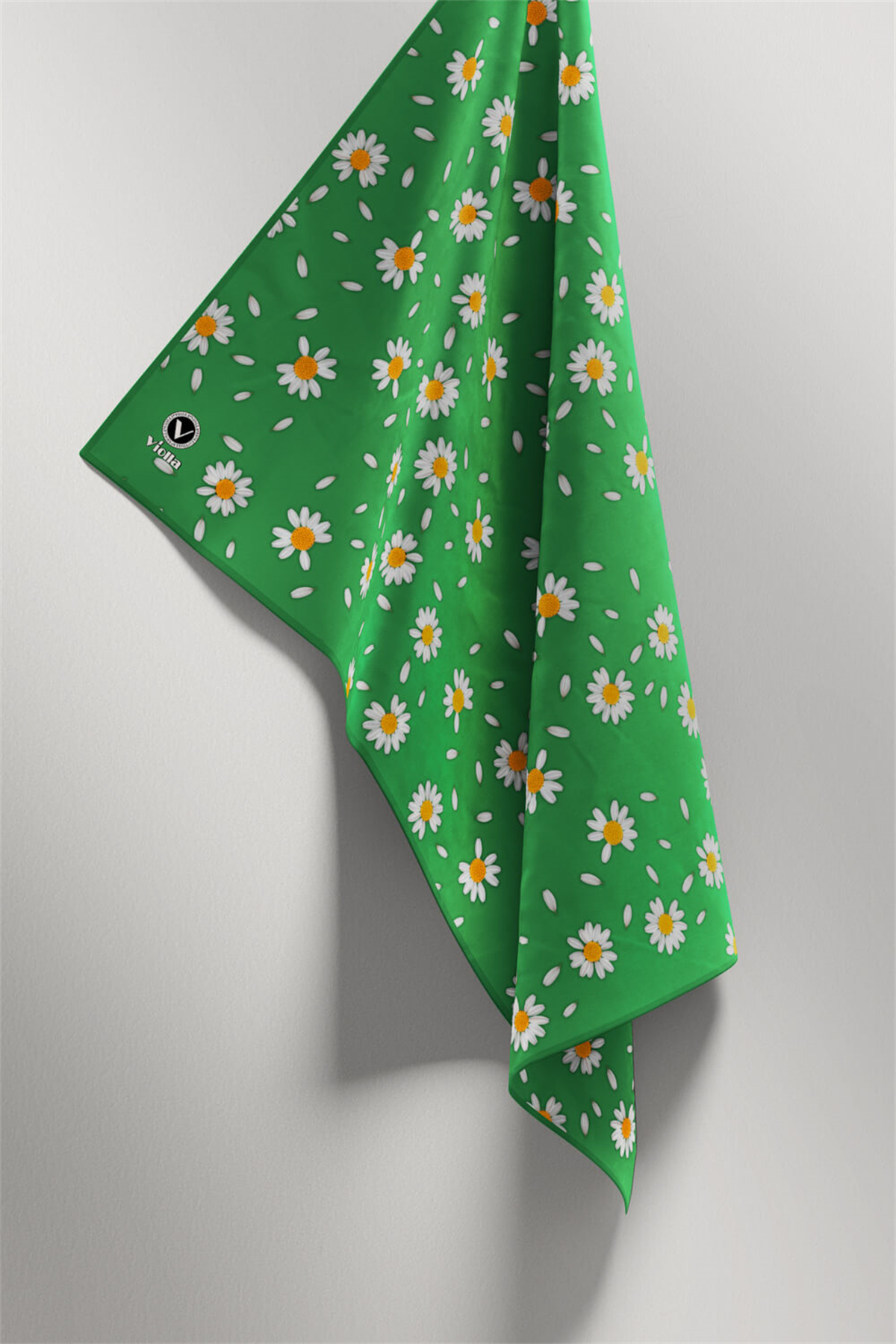 Twill Papatya Desenli Benetton Yeşili Renkli 90x90 Eşarp (İpek İçermez) Kenar Dikiş Şekli El Dikişli