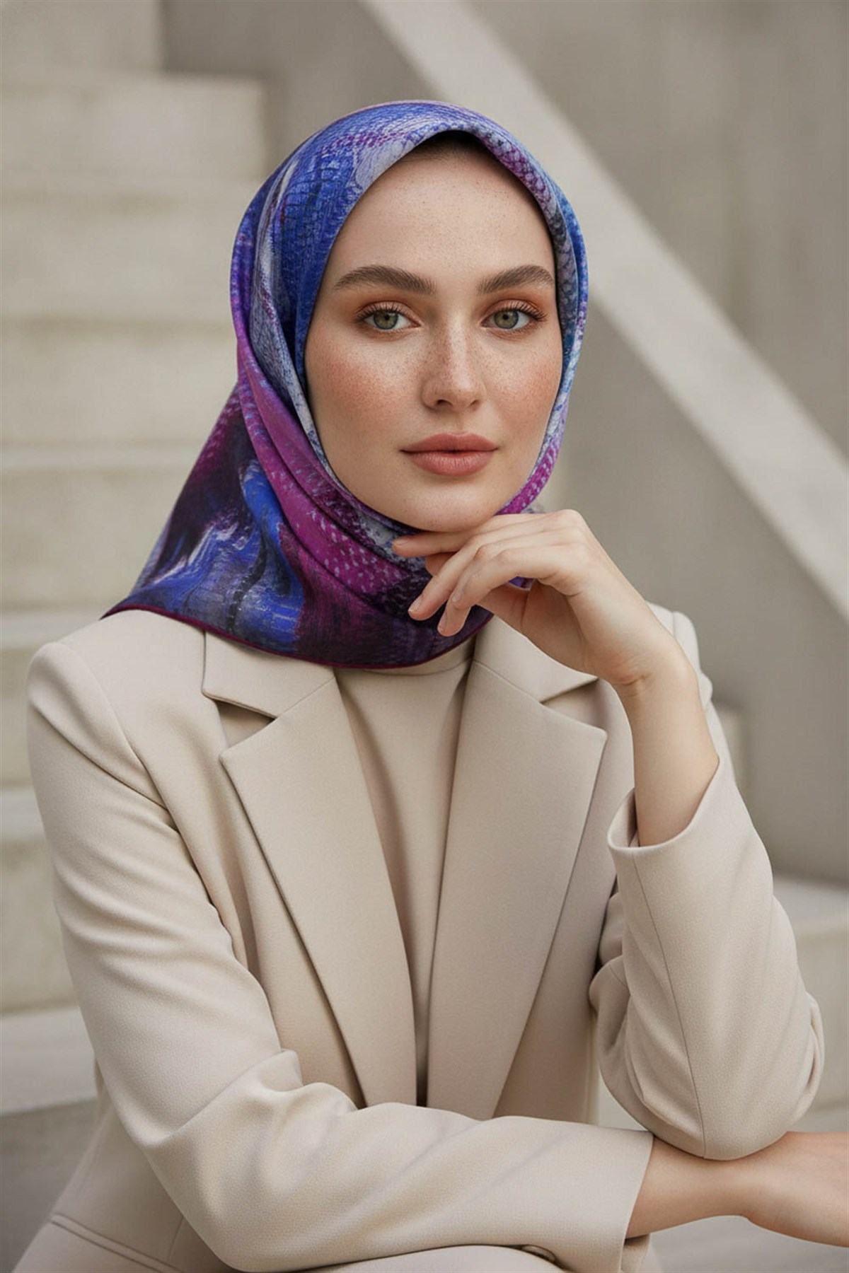 %100 Twill İpek Efektli ve Geometrik Desenli Mürdüm - Saks Renkli 90x90 Eşarp Dikim Şekli : El Dikişi