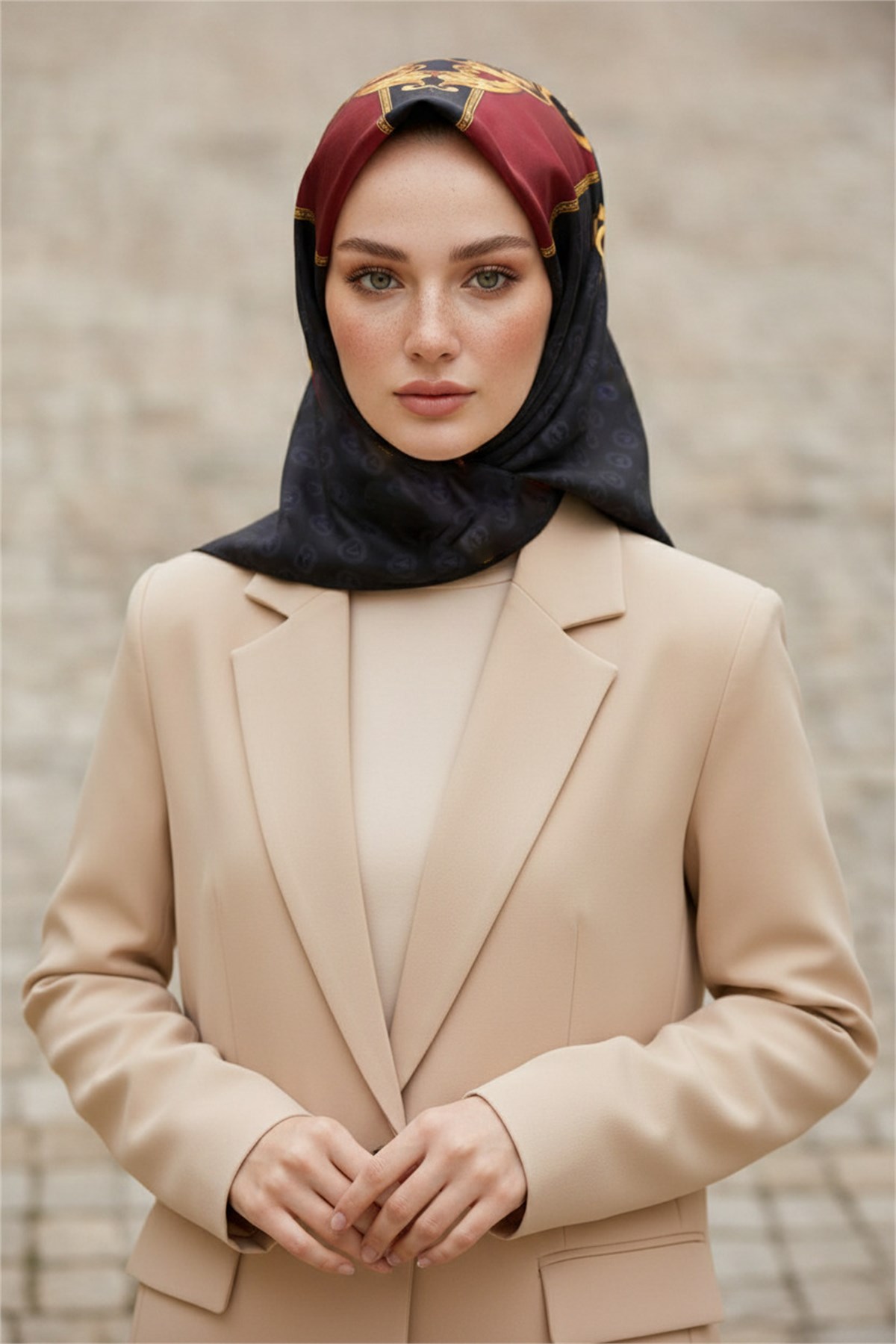 %100 Twill İpek Eşarp 90x90 Siyah Bordo Monogram Barok Desenli El Dikişli Kadın Eşarp