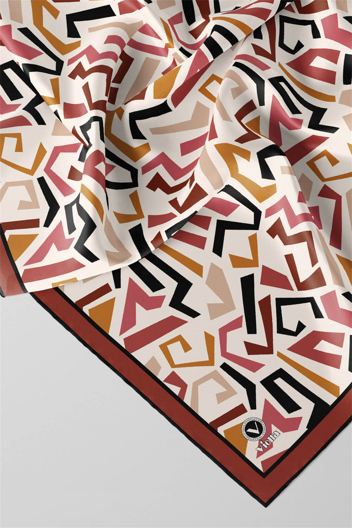 Twill Geometrik Desenli Bakır Renkli 90x90 Eşarp (İpek İçermez) Kenar Dikiş Şekli El Dikişli