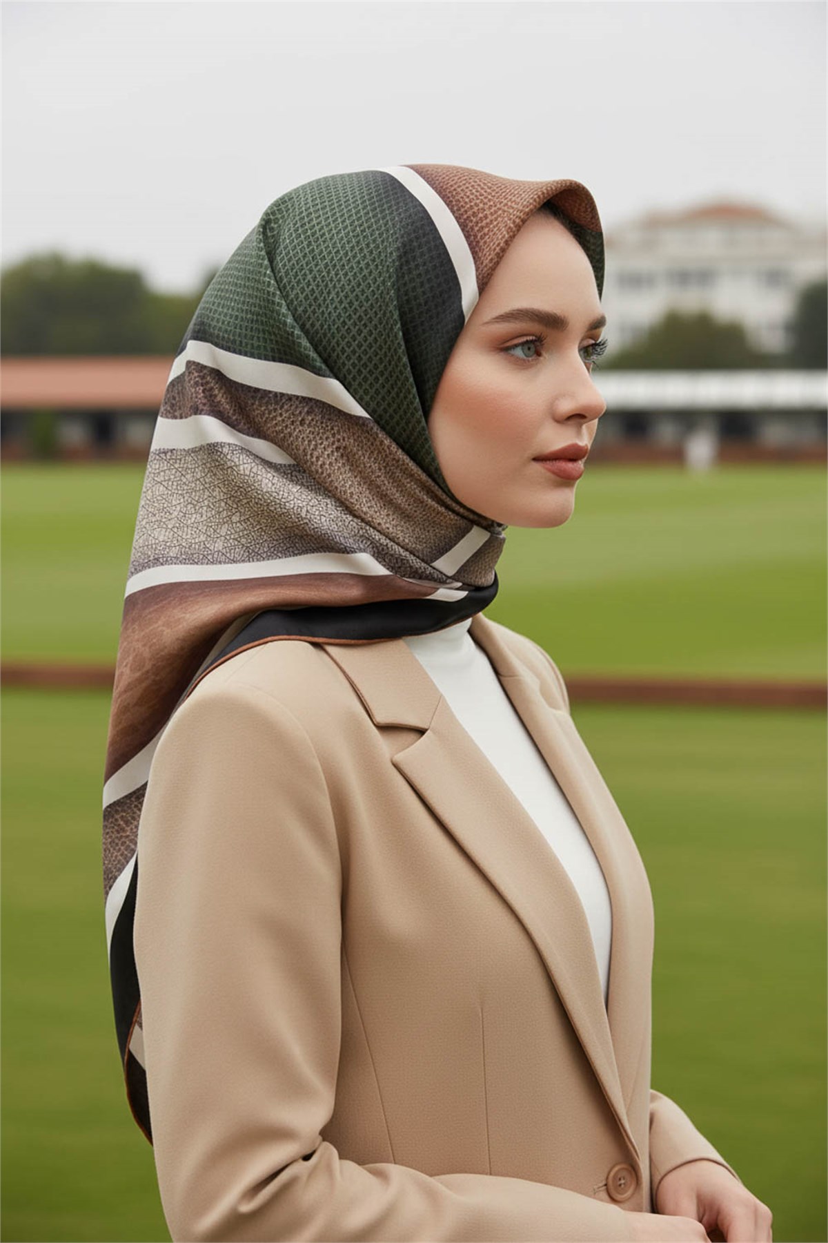%100 Twill İpek Eşarp 90x90 Soyut Dalga Desenli El Dikişli Kadın Eşarp