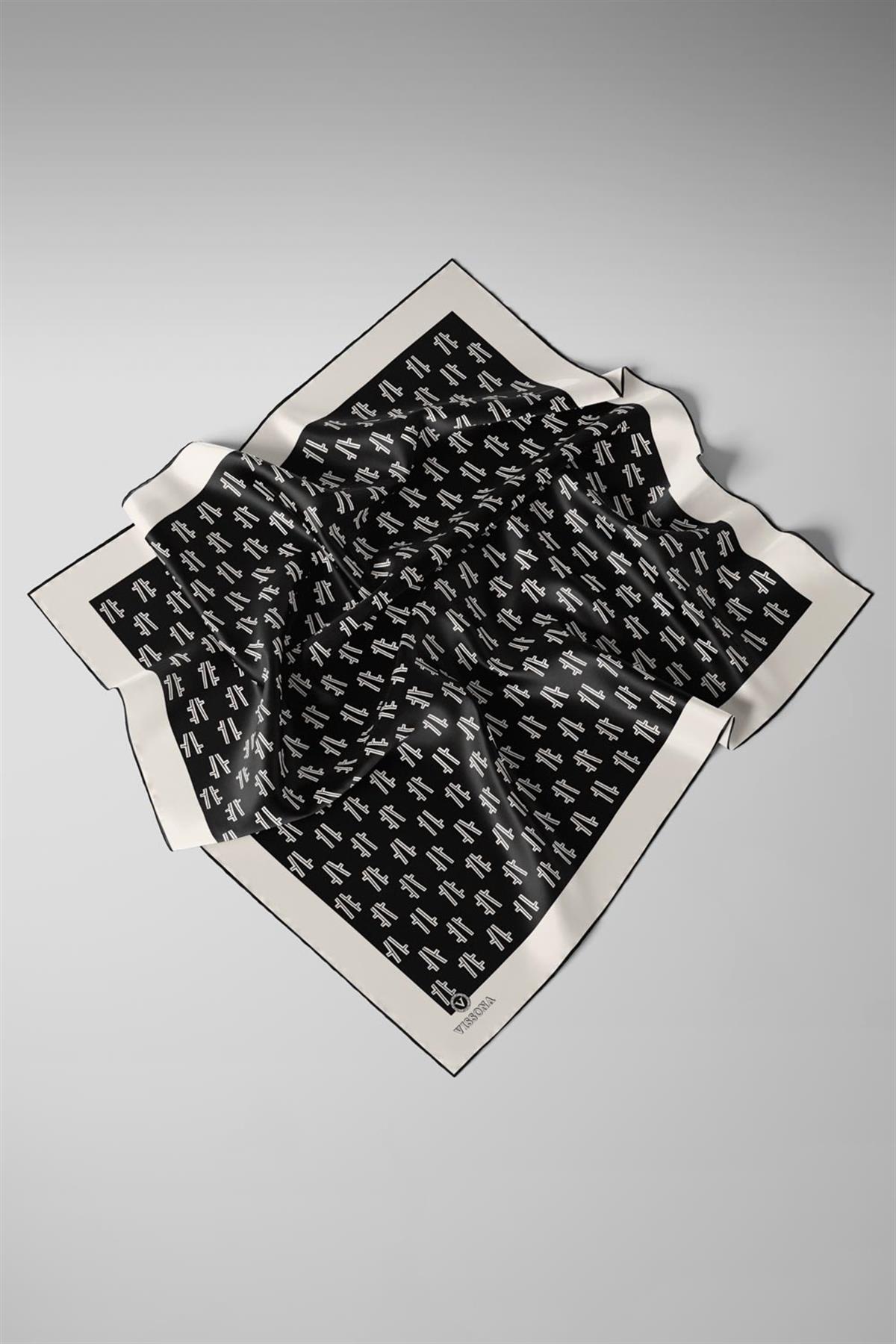 % 57 İPEK % 43 VİSKON Twill İpek Geometrik Desenli Siyah - Krem Renkli 90x90 Eşarp Dikim Şekli : El Dikişi