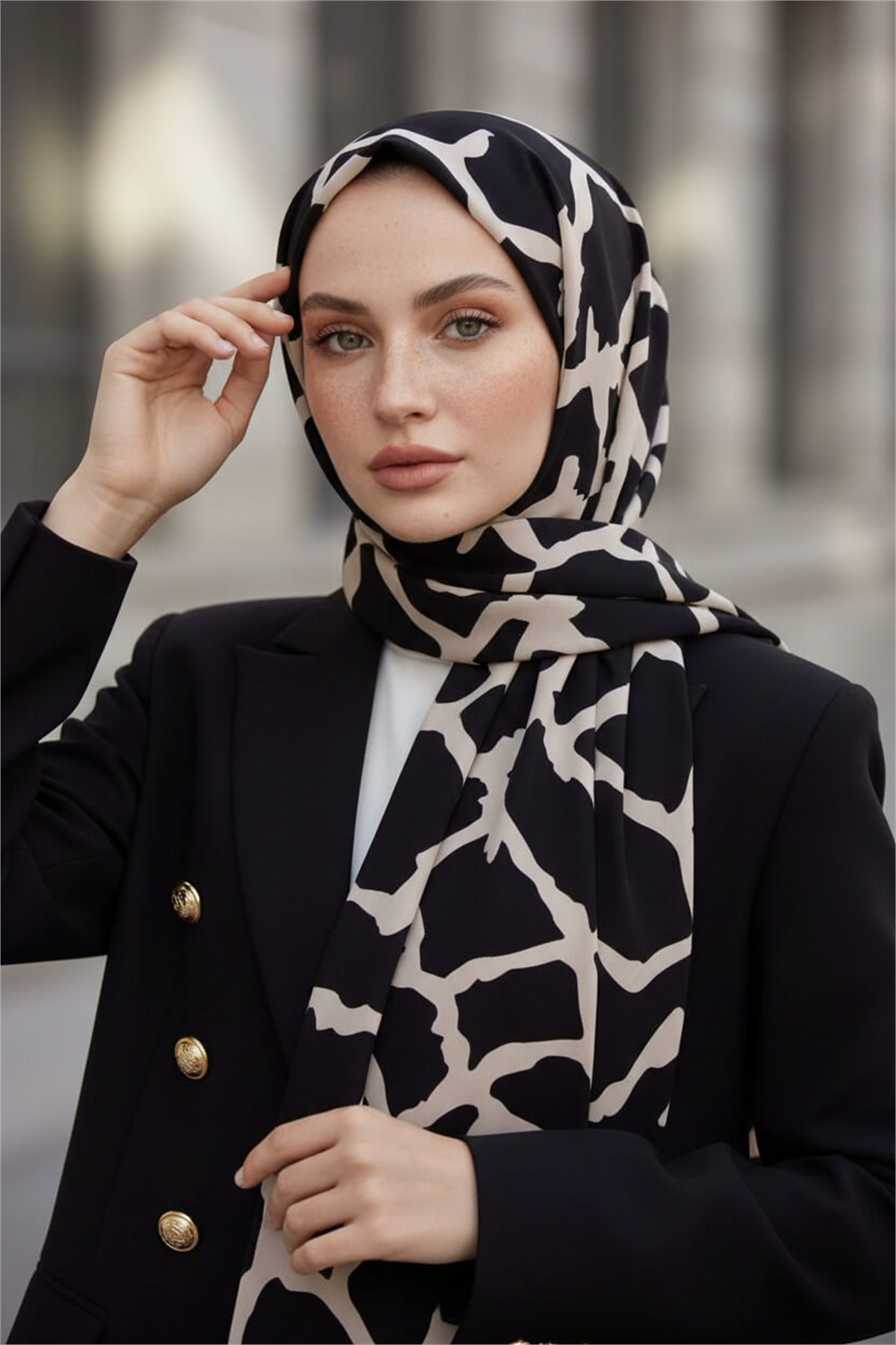 KREP TAŞ DESENLİ SİYAH - BEJ RENKLİ 75X195 KIRIŞMAZ ŞAL