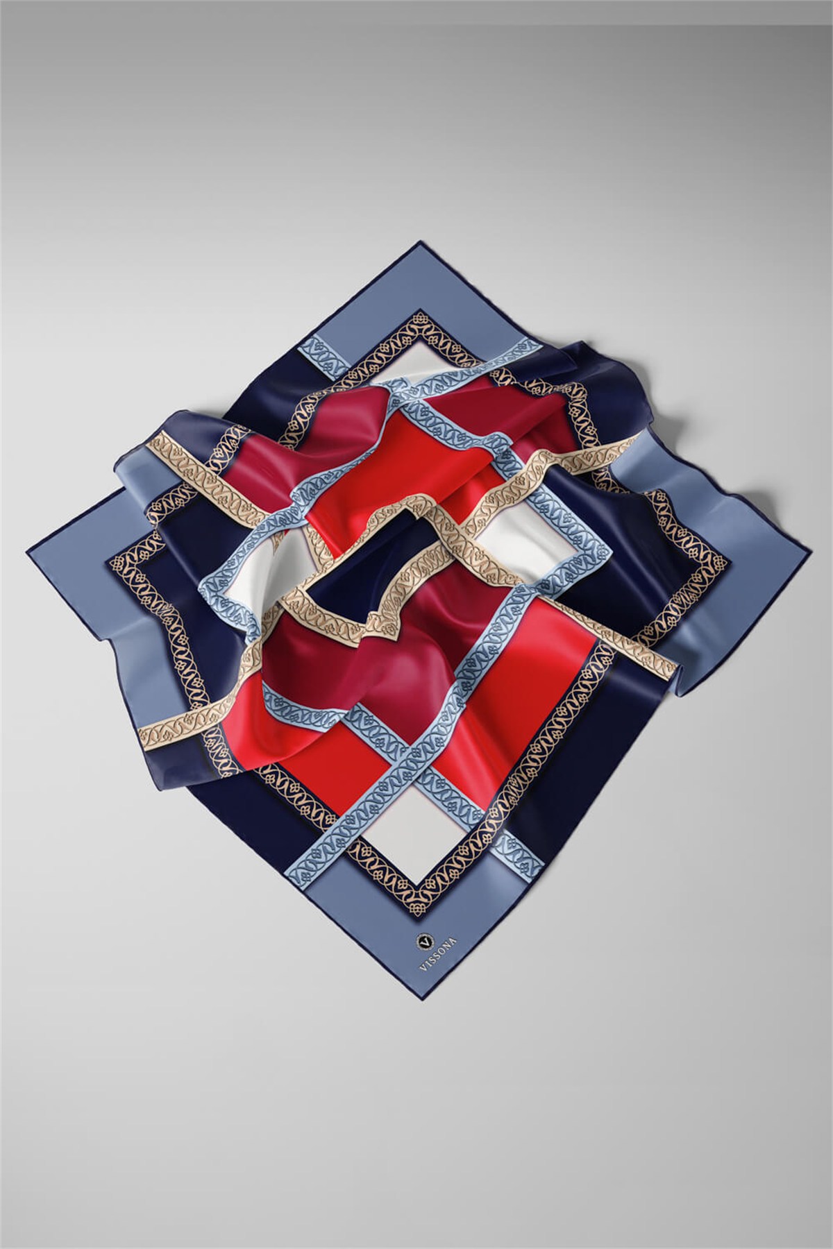 %100 Twill İpek Geometrik Desenli Lacivert - Kırmızı Renkli 90x90 Eşarp Dikim Şekli : El Dikişi
