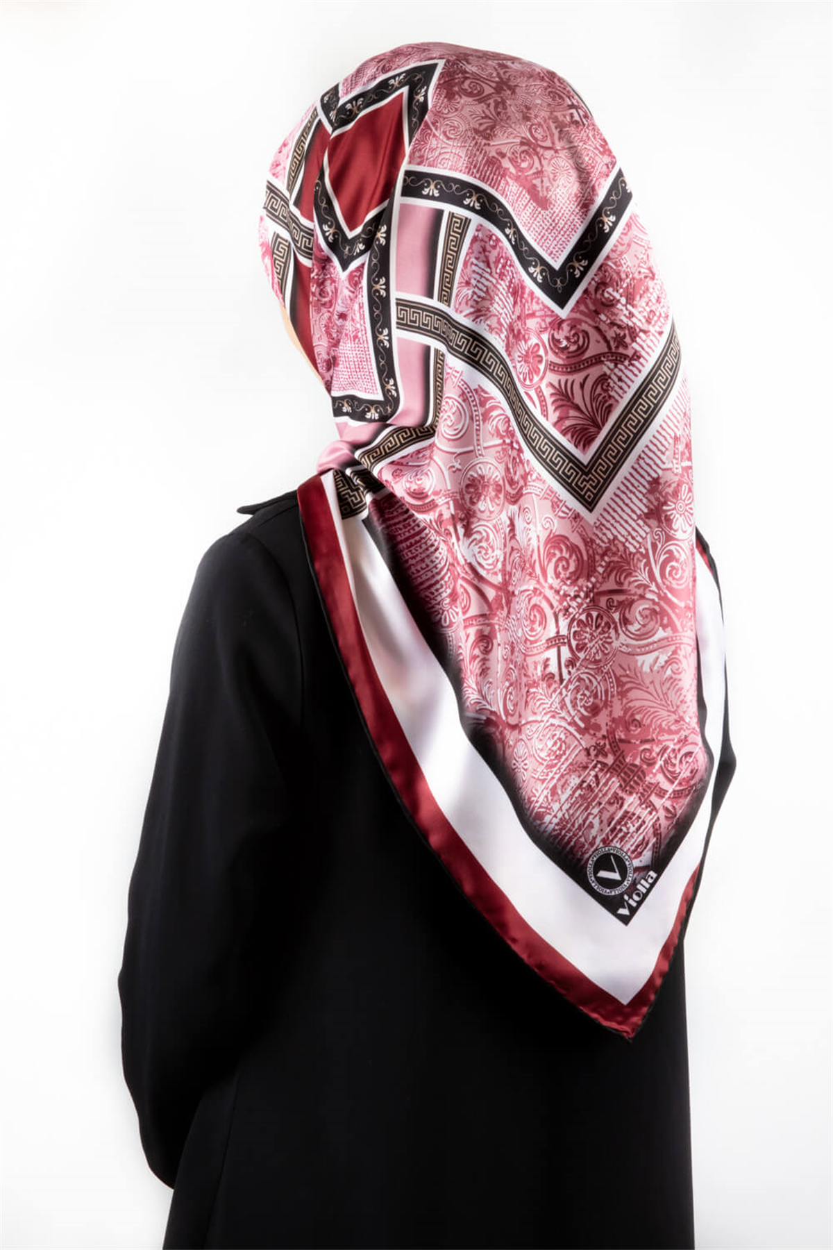 Twill Geometrik Desenli Bordo Renkli 90x90 Eşarp (İpek İçermez) Kenar Dikiş Şekli El Dikişli