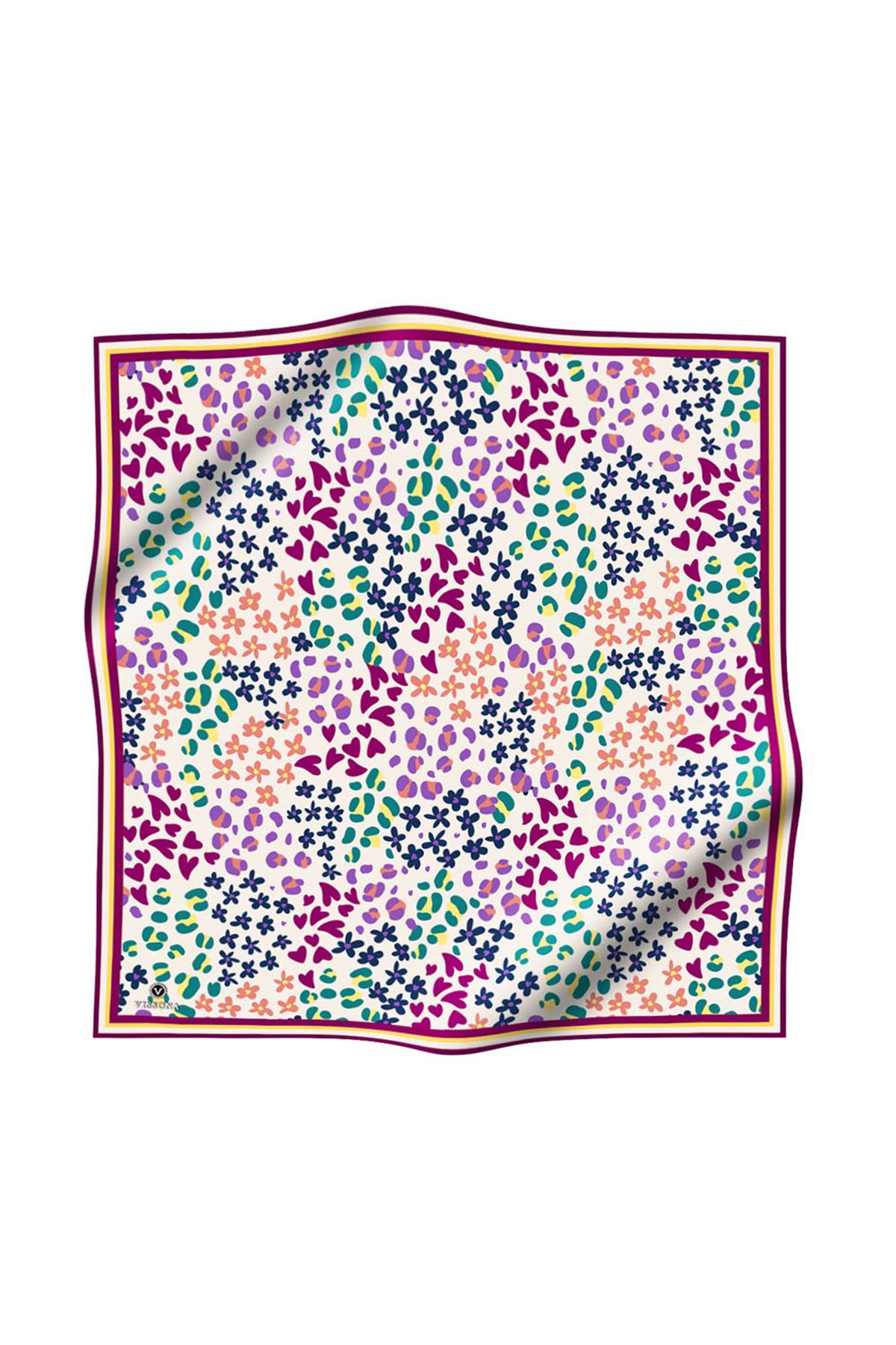 %100 Twill İpek Kalpli Leopar Desenli Krem - Mürdüm Renkli 90x90 Eşarp Dikim Şekli : El Dikişi