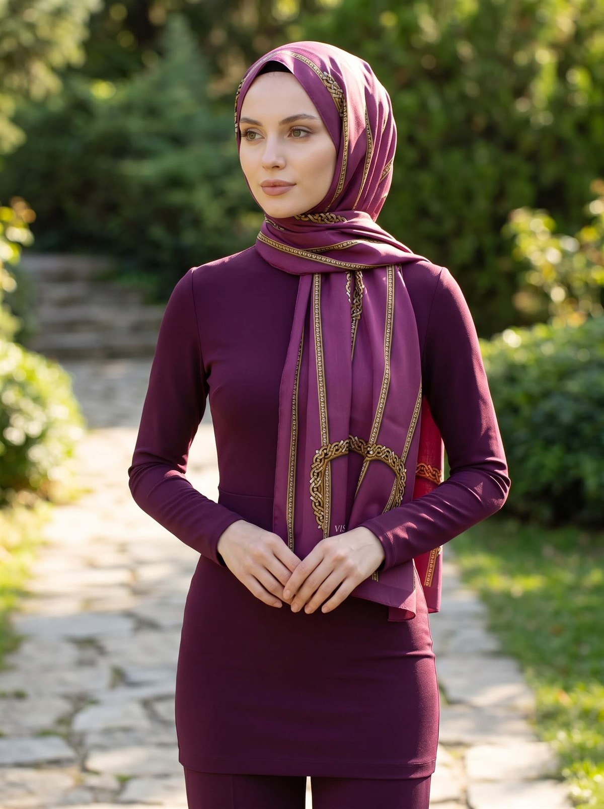 KREP ZİNCİR DESENLİ MÜRDÜM RENKLİ 75X195 KIRIŞMAZ ŞAL