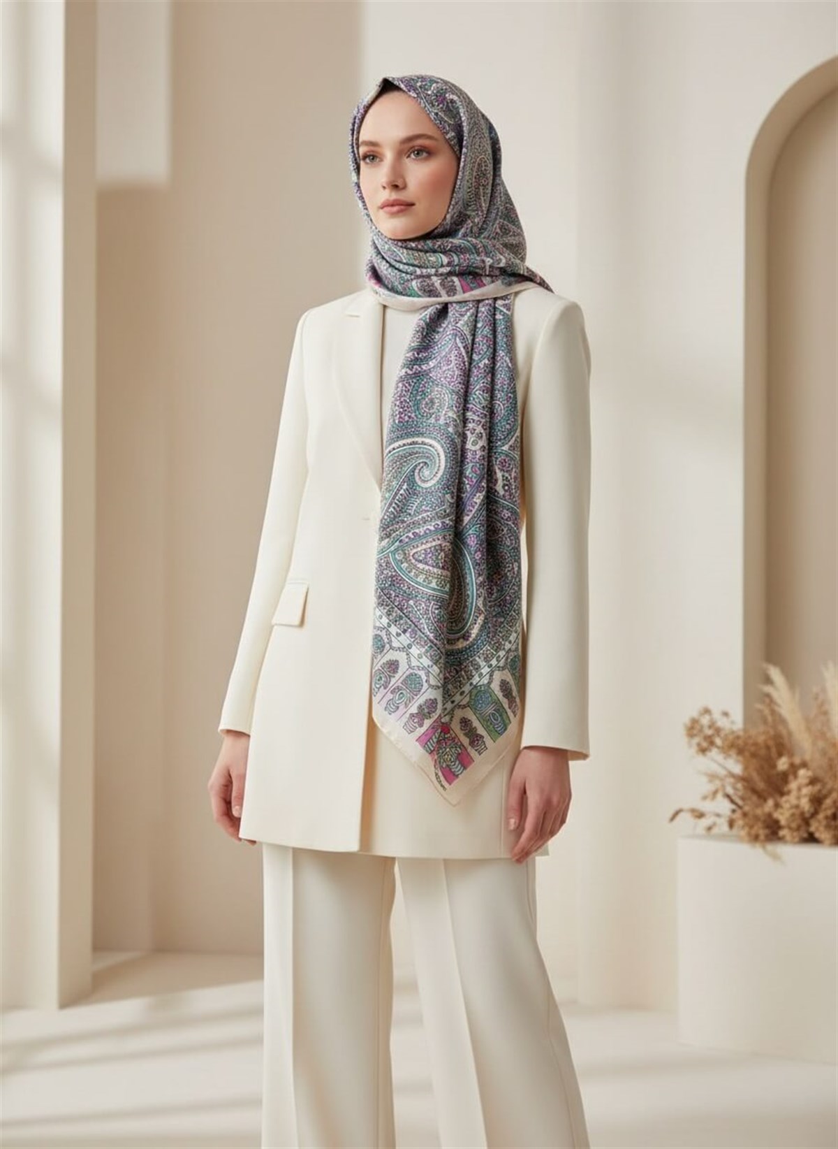 100% İPEK ETRO DESENLİ BEJ - LİLA RENKLİ ŞAL