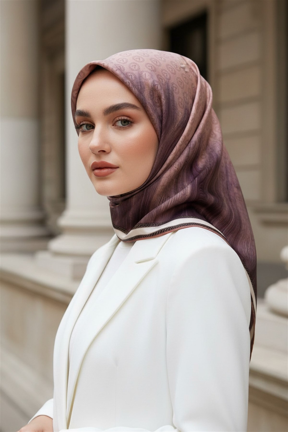 100% Twill İpek Monogram Desenli Somon Renkli 90x90 Dikim Şekli : El Dikişi Eşarp