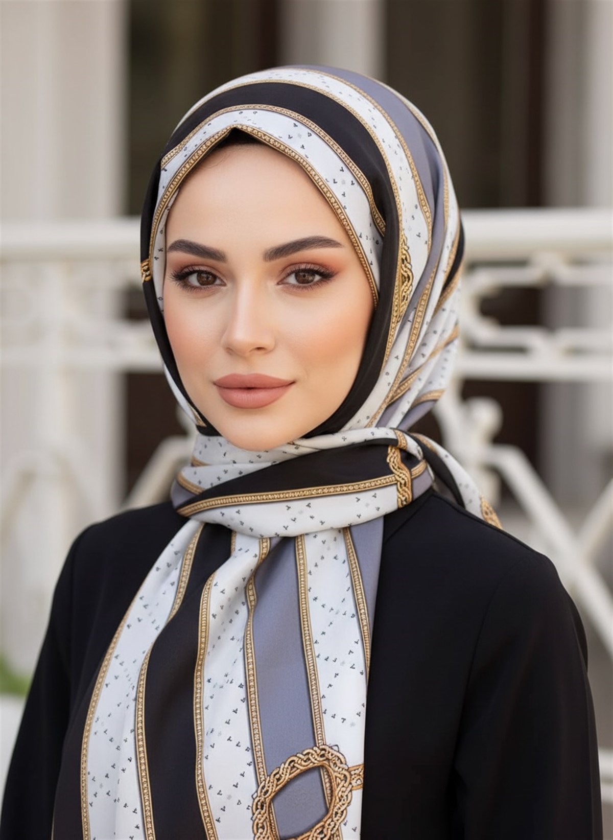 100% İPEK KEMER DESENLİ FÜME - SİYAH RENKLİ ŞAL