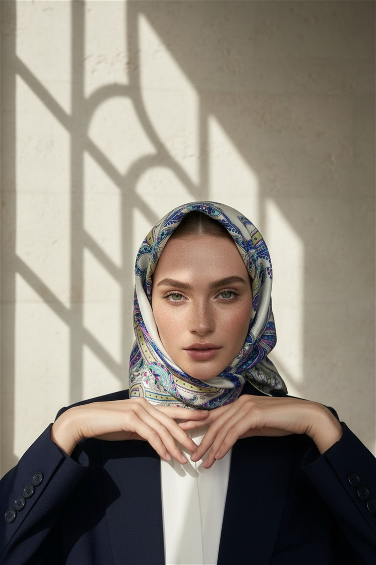 %100 Twill İpek Şal Desenli Krem - Saks Renkli 90x90 Eşarp Dikim Şekli : El Dikişi