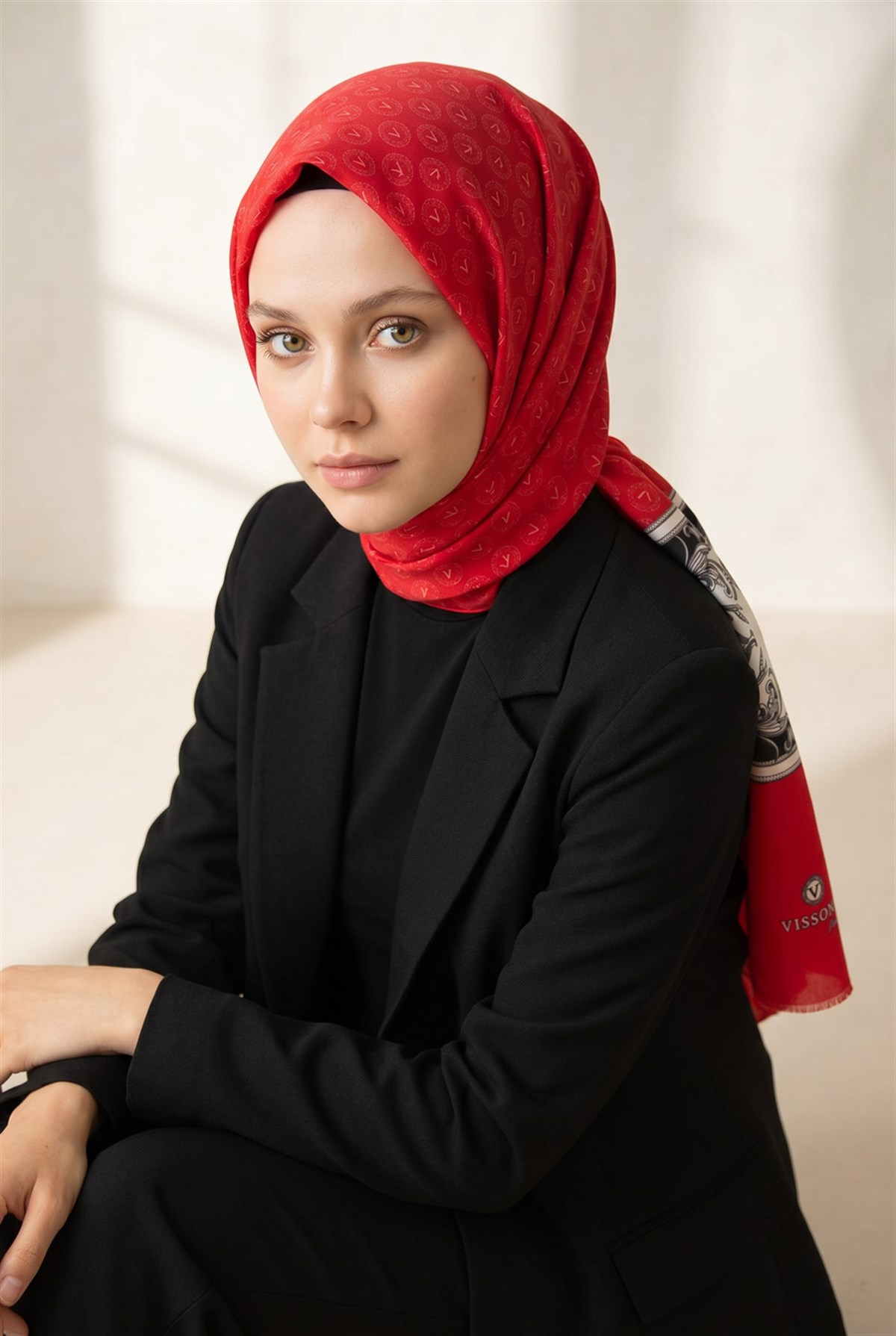 %100 Saf İpek Şal İnce Saten Vual Dokuma Monogram Ve Varank Desenli 90x210 Şal