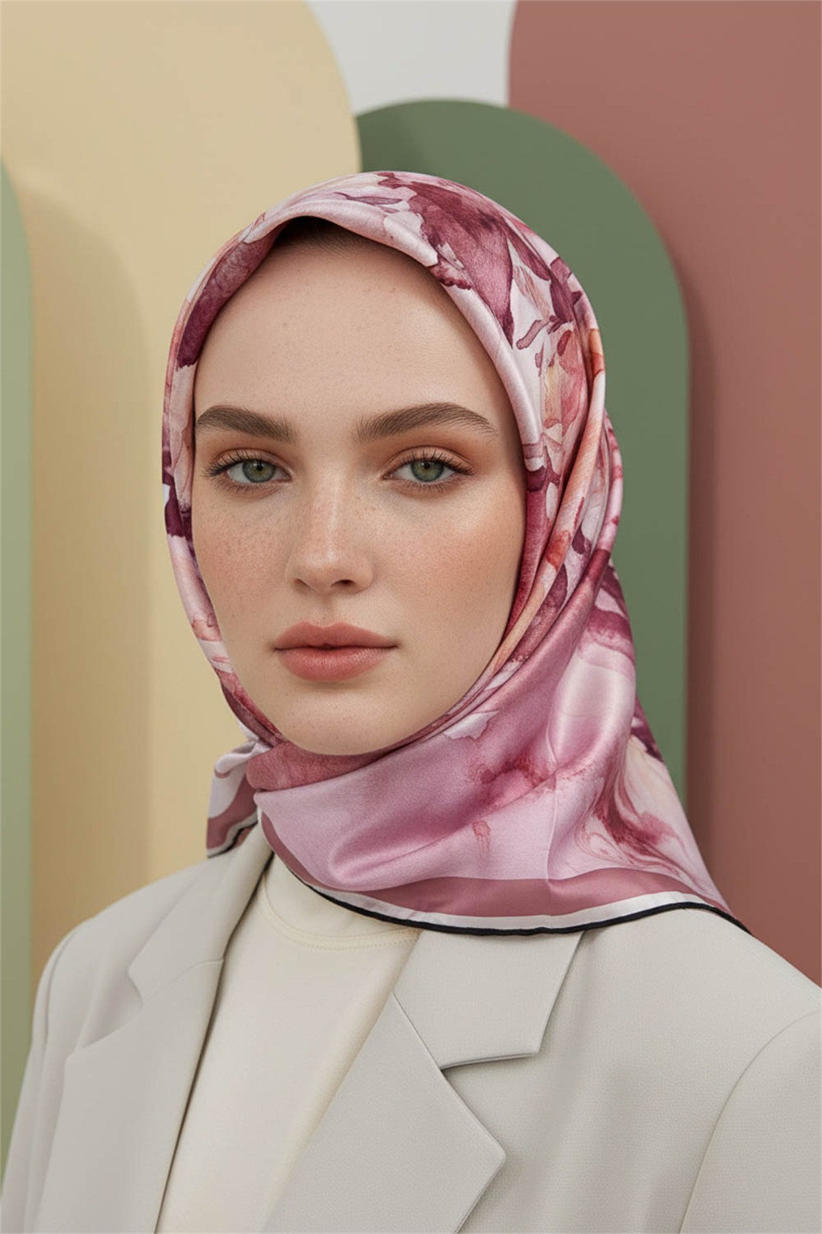 Rayon Çiçek Desenli Gül Kurusu Renkli 90x90 Eşarp (İpek İçermez) Kenar Dikiş Şekli El Dikişli